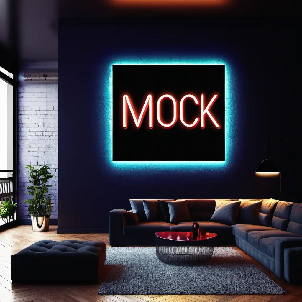 Mock up,  wall art, modern dark neon light, penthouse, loft, wall, modern design