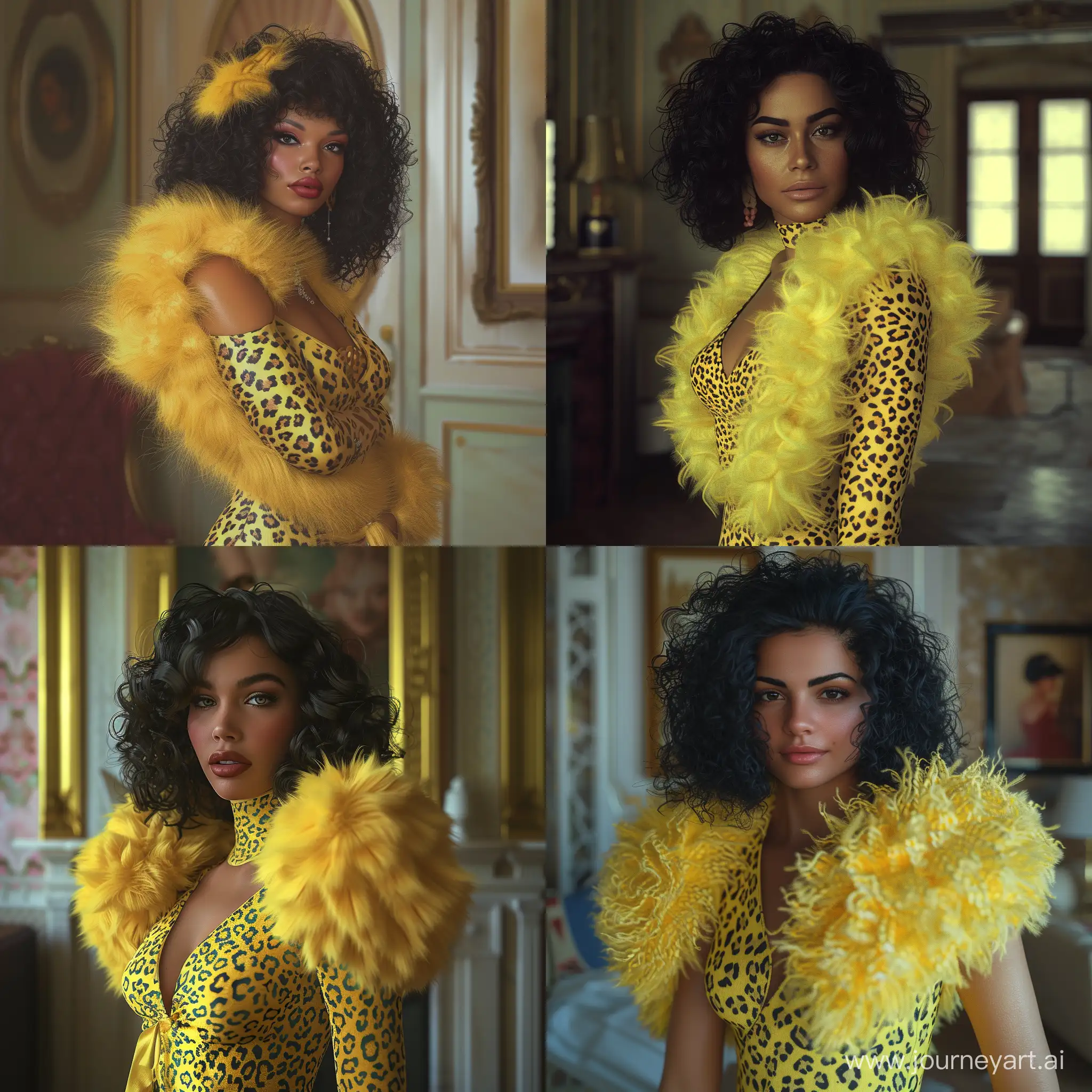 A very beautiful woman with curly shoulder-length black hair, a face and a figure like Charlie Atwell!!!!! She is wearing a yellow leopard print dress !!!!! and a yellow fluffy fur boa on her shoulders!!!!!, she stands against the background of the room,, super detailed, posing for a photo shoot, Gorgeous woman, ((Masterpiece)), ((Best quality)) , high detail,. Highest Detail, Ah, High Detail, Color, Beautiful, HDR, Photorealistic,
