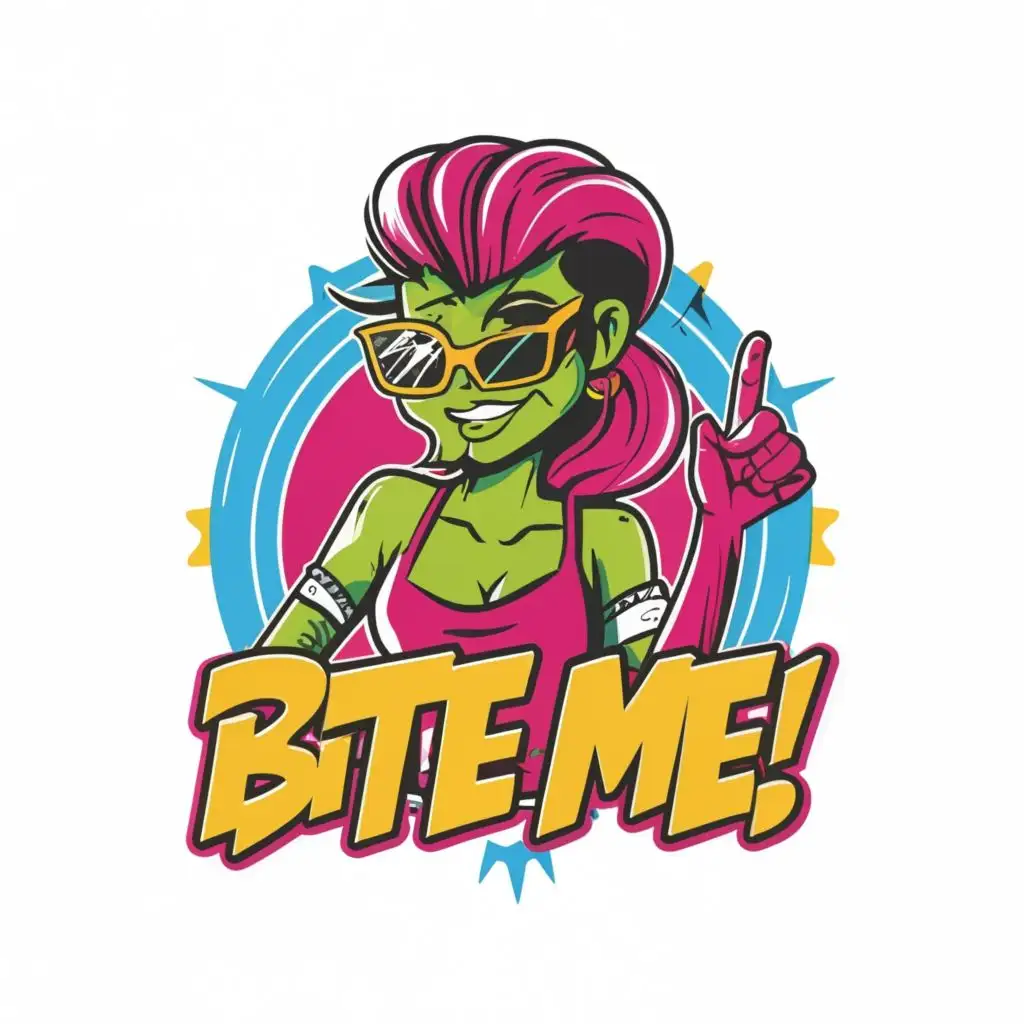 logo, create a crazy female gecko wearing 80s style clothing, sunglasses , vector, sharp outline, no jagged edges, vibrant Neon, Contour, narrow black outlined image, very sharp lines , white  Background, highly Detailed, large image, with the text "Bite Me", typography