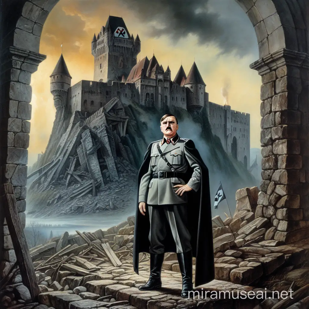 A dark fantasy painting depicting a Hitler on the ruins of a German castle, he stands, the art of dark fantasy, the cover of a book in the style of dark fantasy of the 1970s, the art of dark fantasy of the 70s