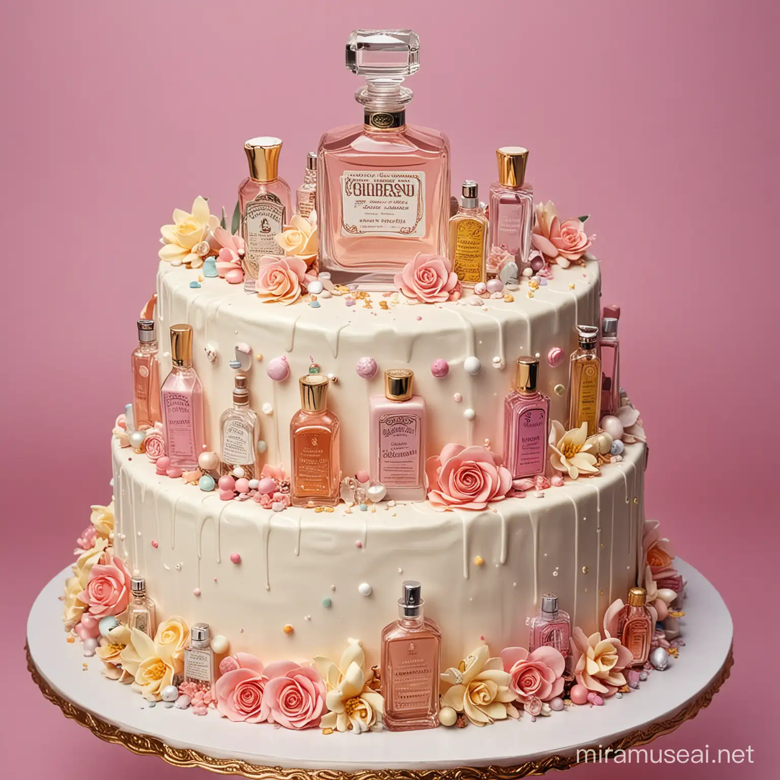 A cake decorated with multiple bottles of parfume