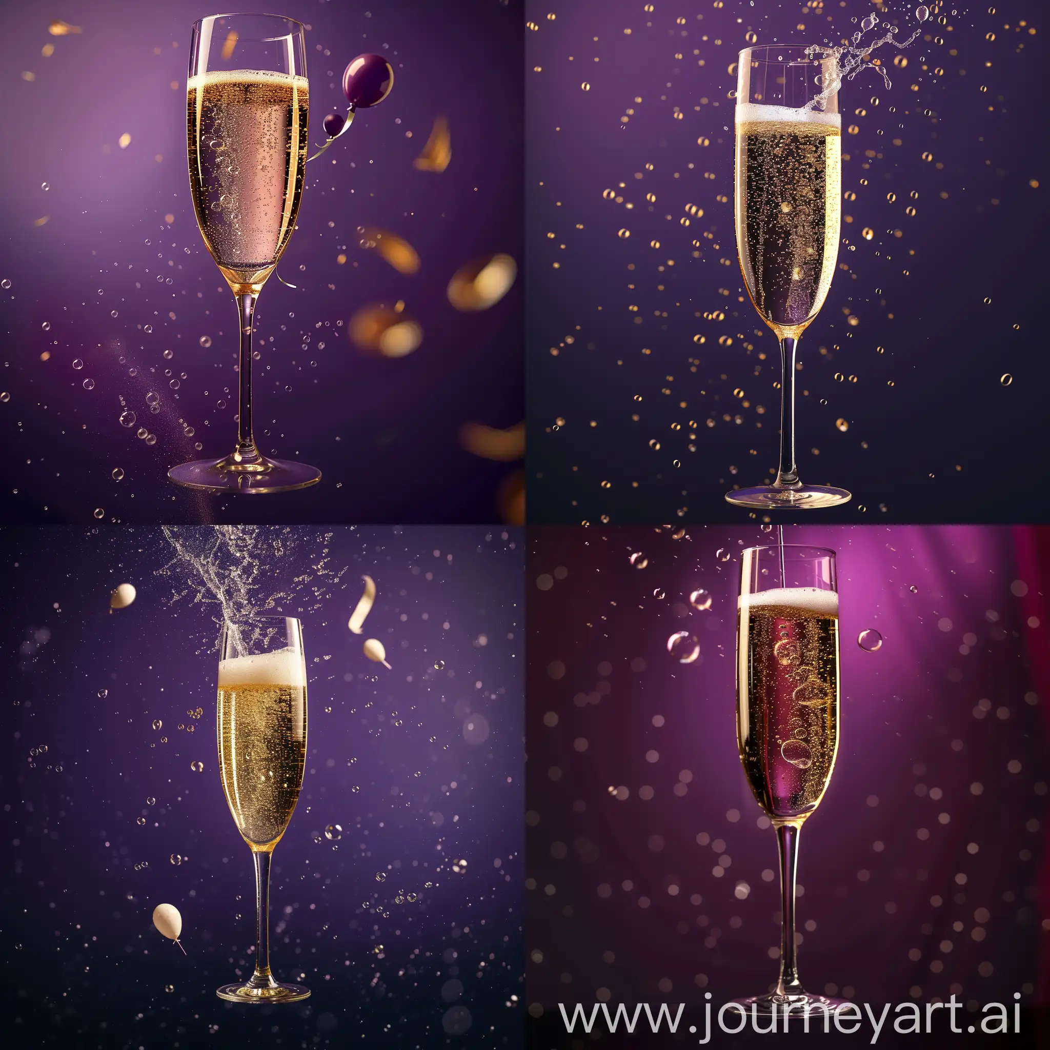 бокал шампанского, пузырьки газа, абстрактный фиолетовый фон, из бокала вылетают маленькие воздушные шары, реалистично, резко везде, гиперреализм