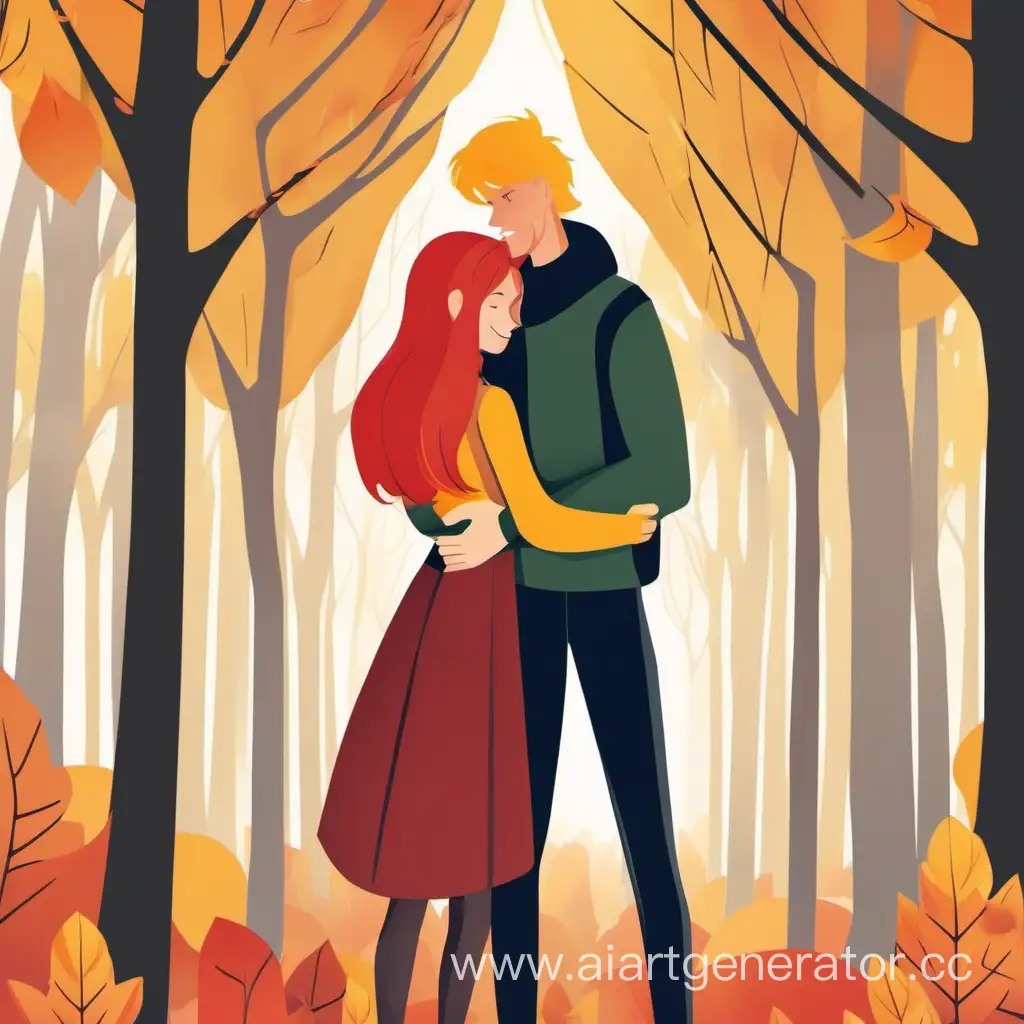  высокая рыжая  девушка  обнимается с высоким светловолосым парнем с красивом осеннем лесу
