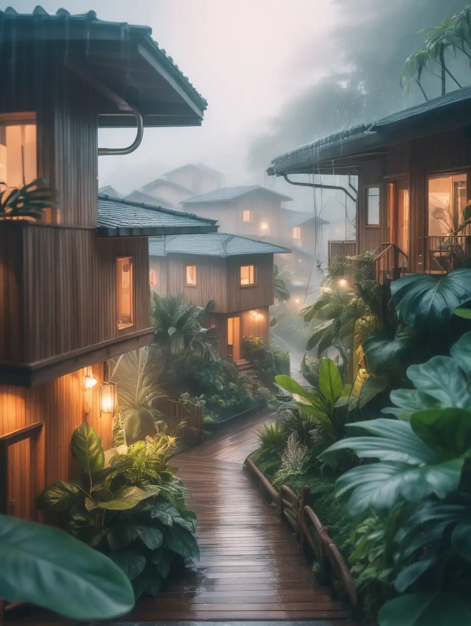 foto di un paesaggio cittadino con case di legno e case futuristiche con luce soffusa ed atmosfera fantastica, molta vegetazione e piante rampicanti sulle case leggera nebbia e profondita di campo, sfondo sfocato, Persone che passeggiano, pioggia tropicale