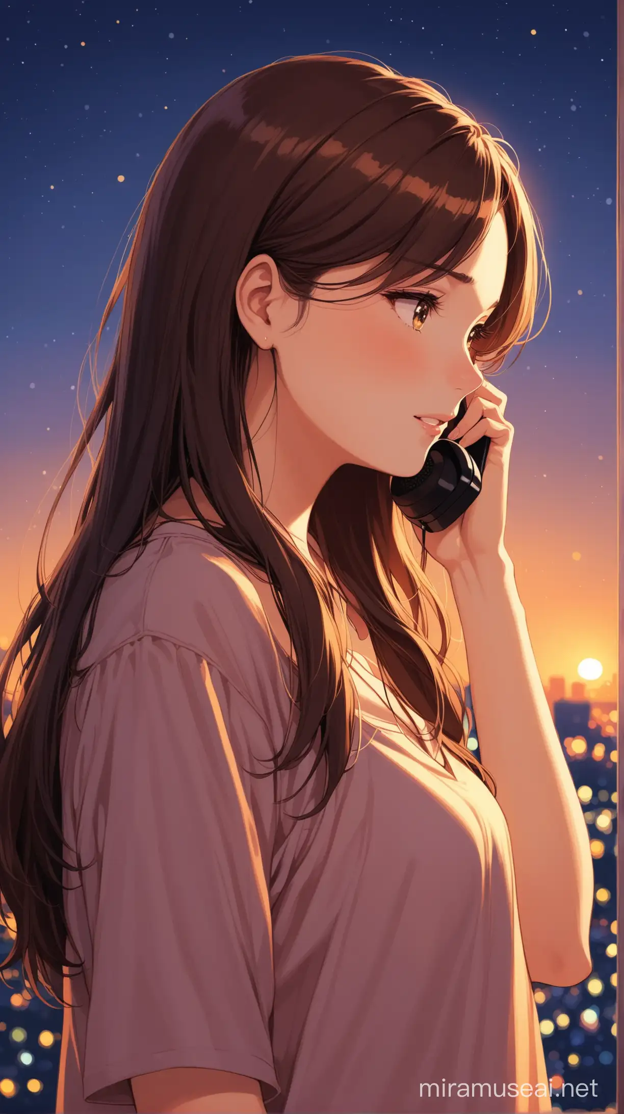 Young Woman Talking to Boyfriend on Phone in Evening