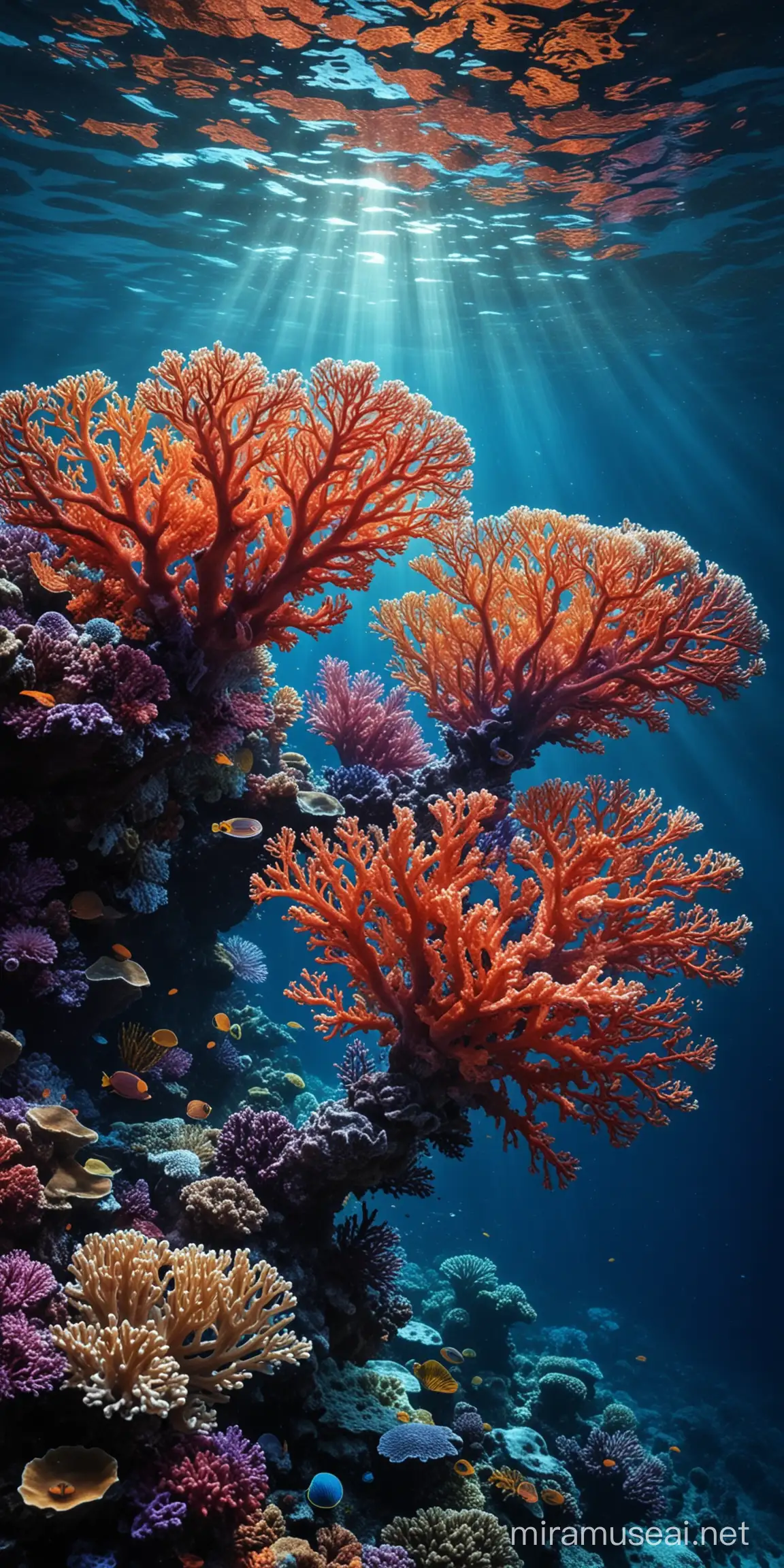 мистичные разноцветные кораллы в темном синем море, луч света в воде