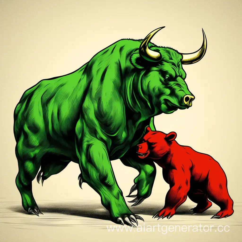 green  bull fights with red bear