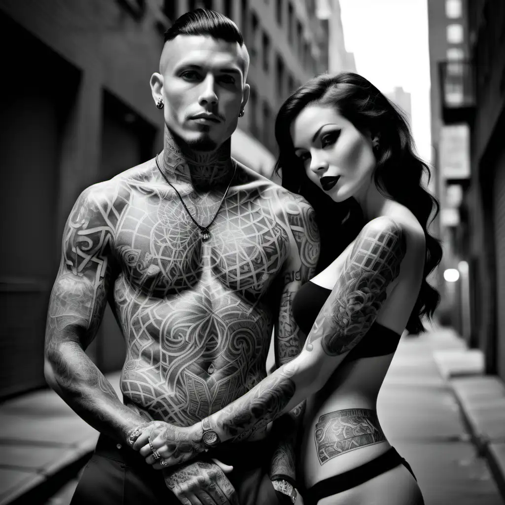 Black and white Photograph of a gorgeous tattooed couple in an urban setting with no hands showing for a magazine cover

