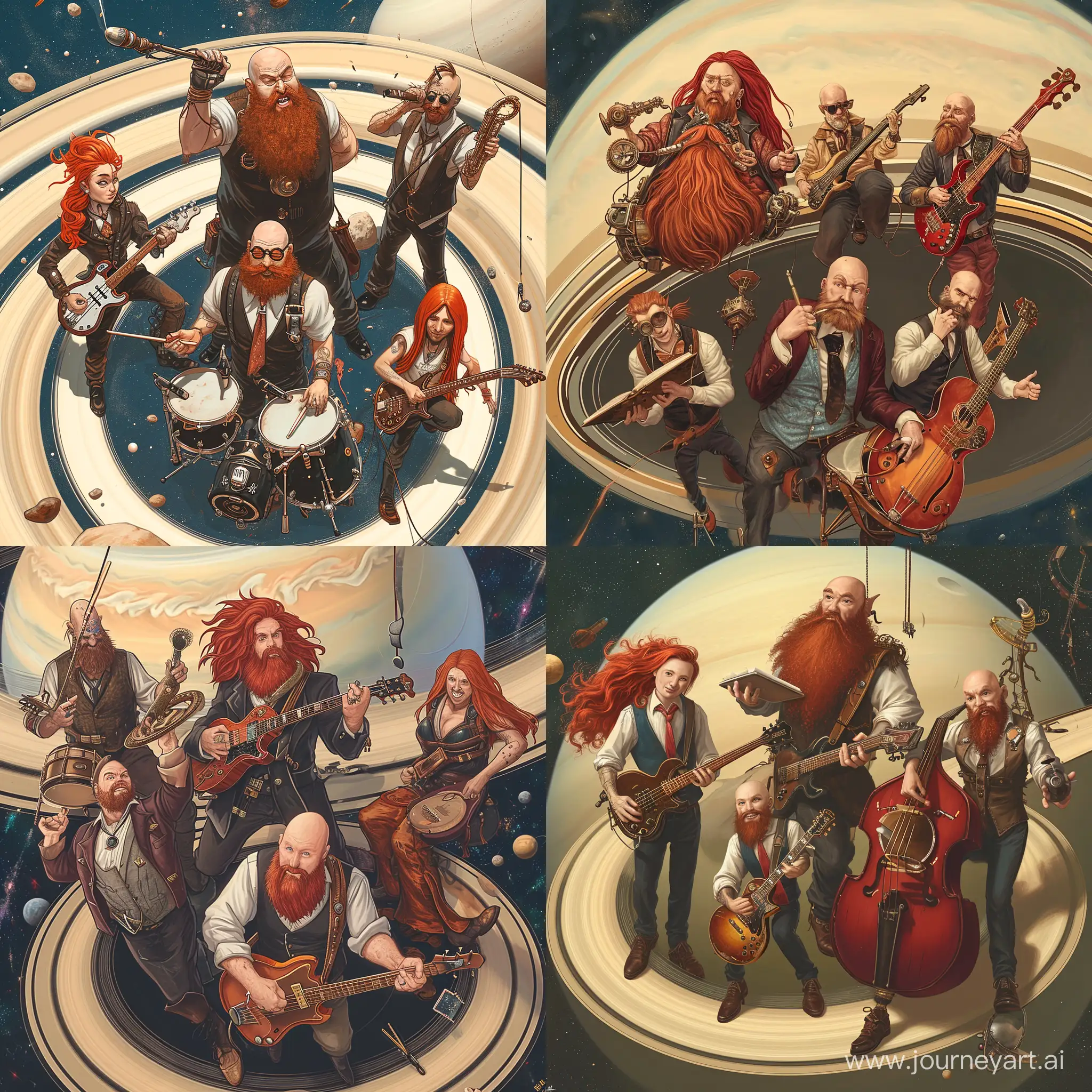 Promo picture of a stem punk space rock band consisting of 5 members: red headed guitarst and singer, very big bearderd bassist, bald guitarist, red longhaired drummer and a random guy with leather tie making notes. They can be standing on saturns rings in a space ship