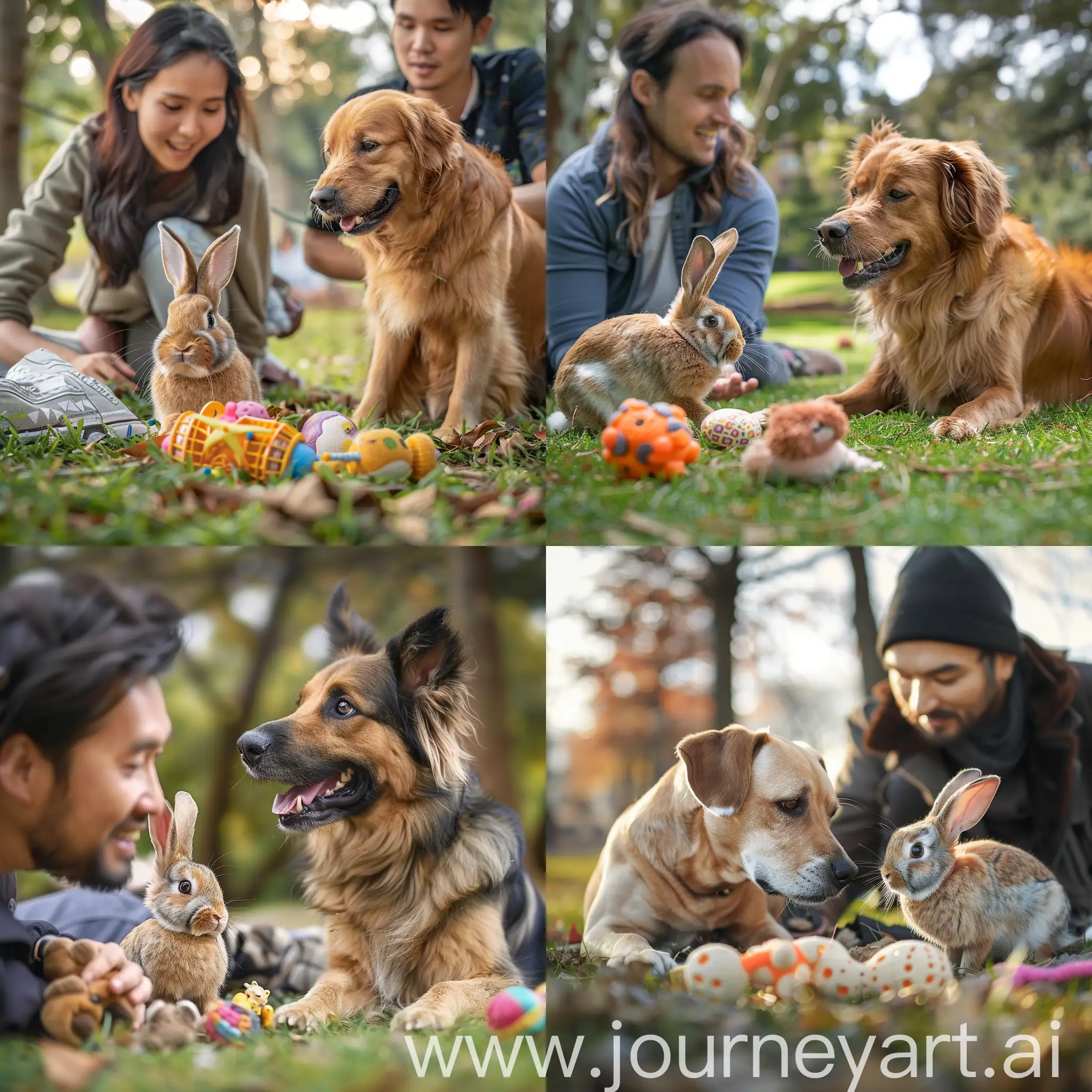 an adorable dog playing with a cute rabbit in the park that is completely with toys and with the owner who looks at them with love and delight