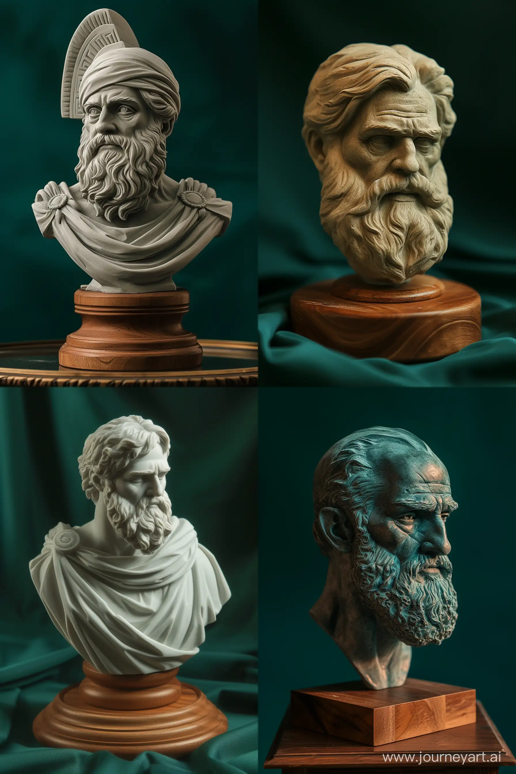 A Luxury Sculpture of Greek Philosopher with Wooden Base, Bust Style, Dark Green Background, Cinematic Pose, High Precision --ar 2:3