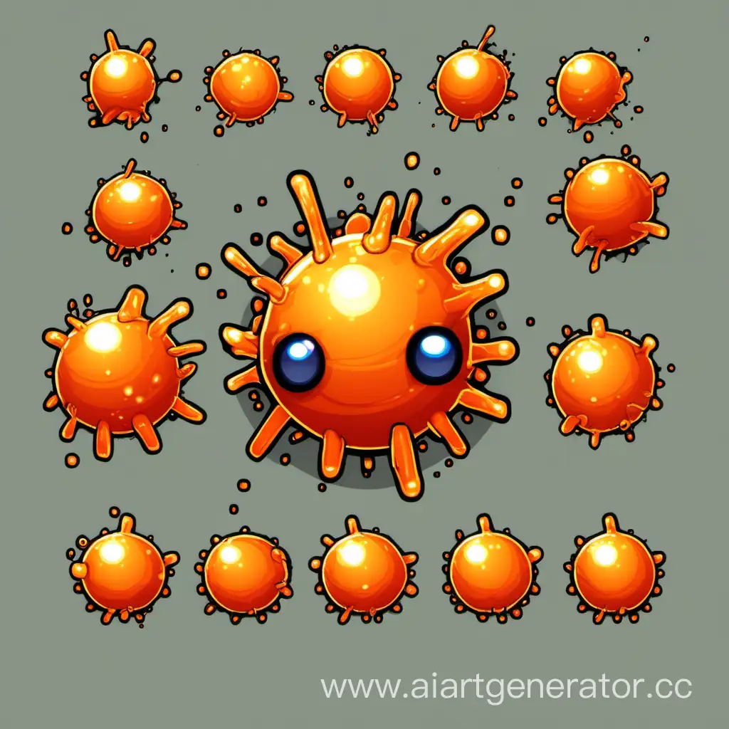 спрайт для 2d игры, оранжевая взрывная бактерия с косыми глазами 