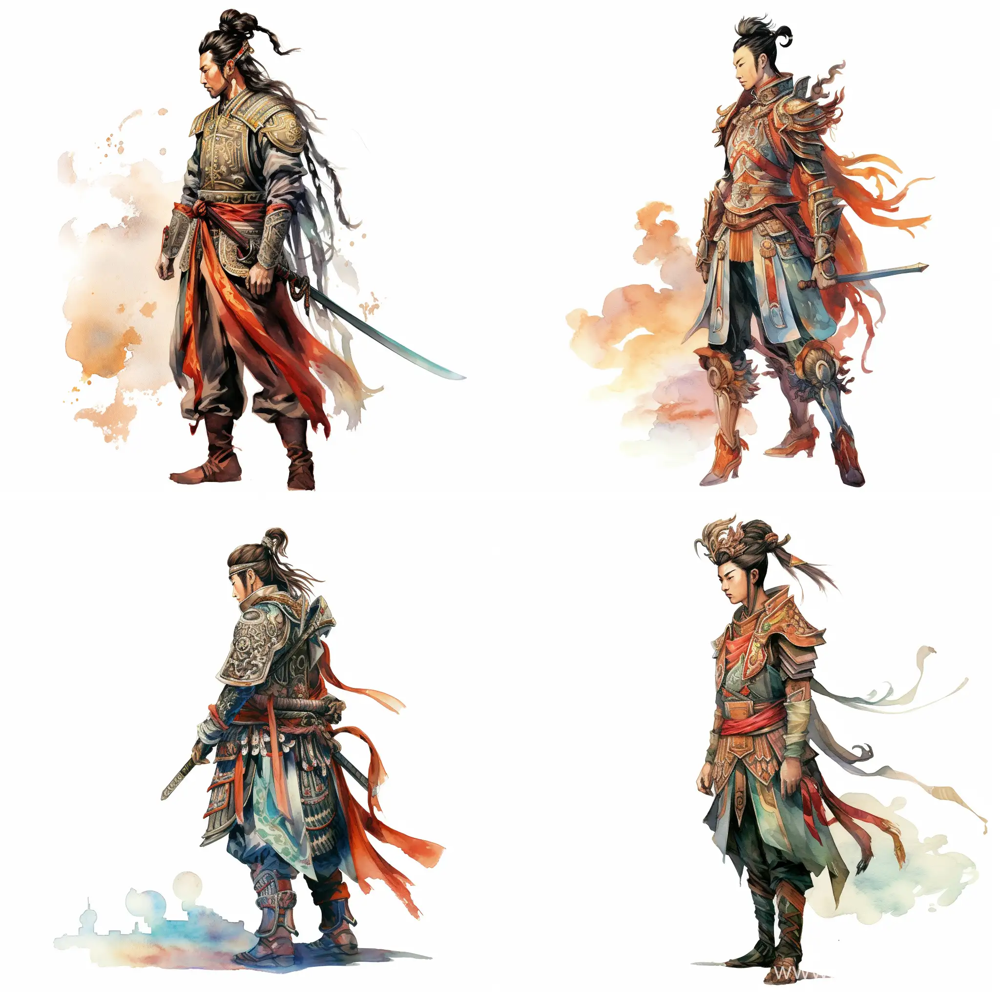 ancient Chinese warrior, looking straight, standing tall, in profile, in combat gear, with a sword in his hands, stylized caricature, detailed, decorative, bright colors, Victor Ngai, watercolor, ink, on a white background, flat drawing