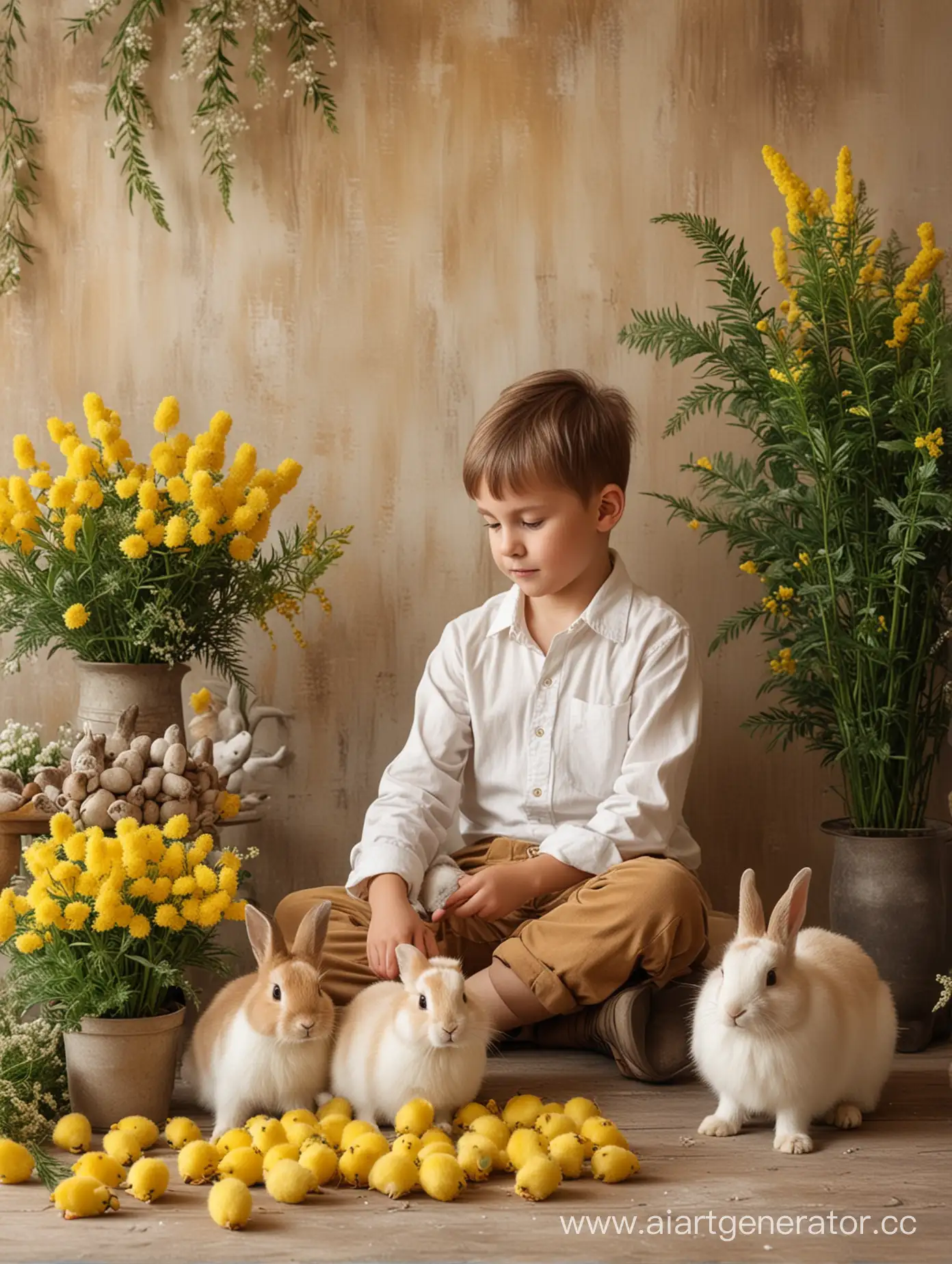 Joyful-Boy-with-Bunnies-and-Chicks-Amidst-MimosaDecorated-Wall