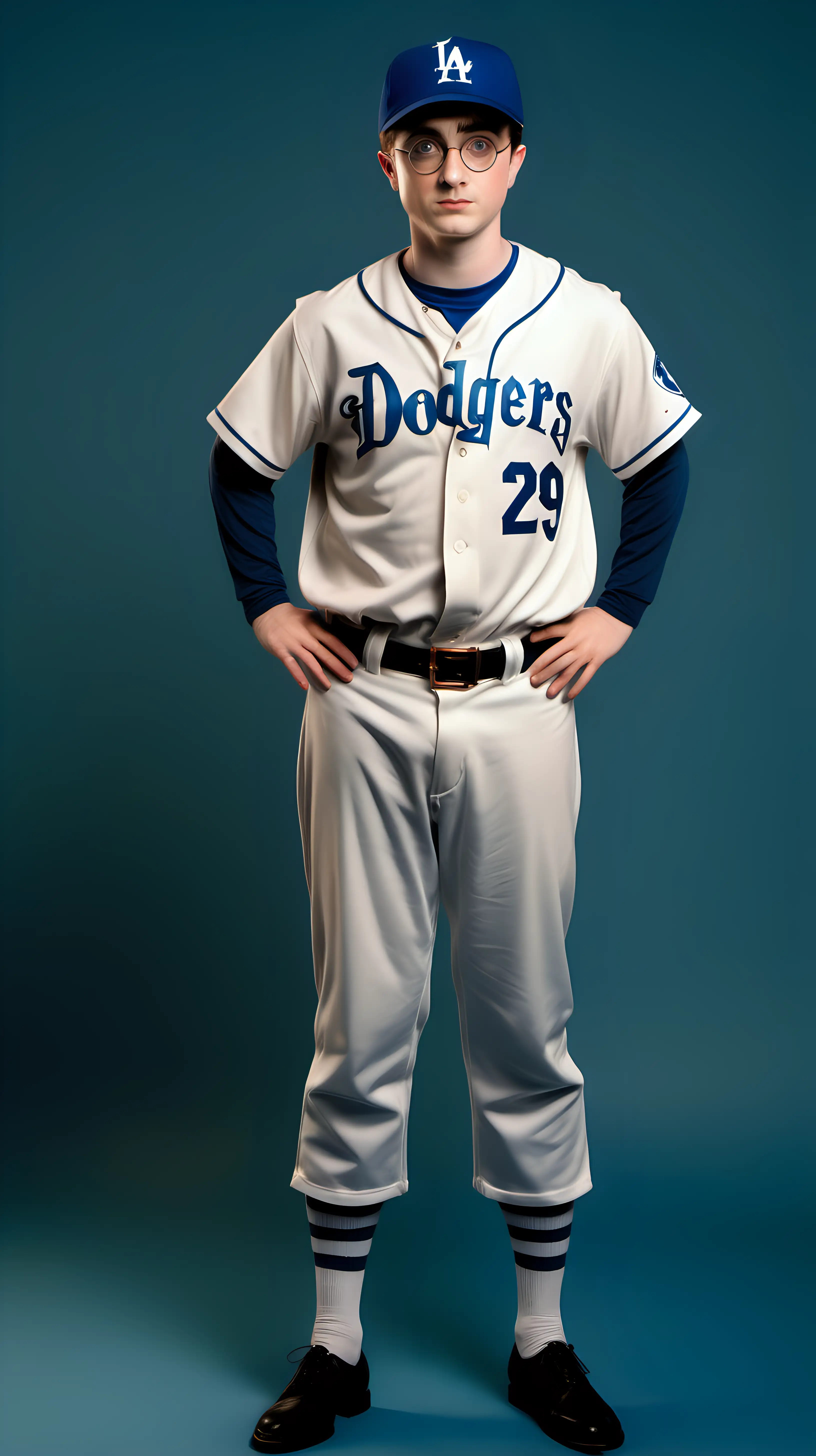 a full body, detailed portrait of Harry Potter in a los angeles dodger uniform wearing number 29

