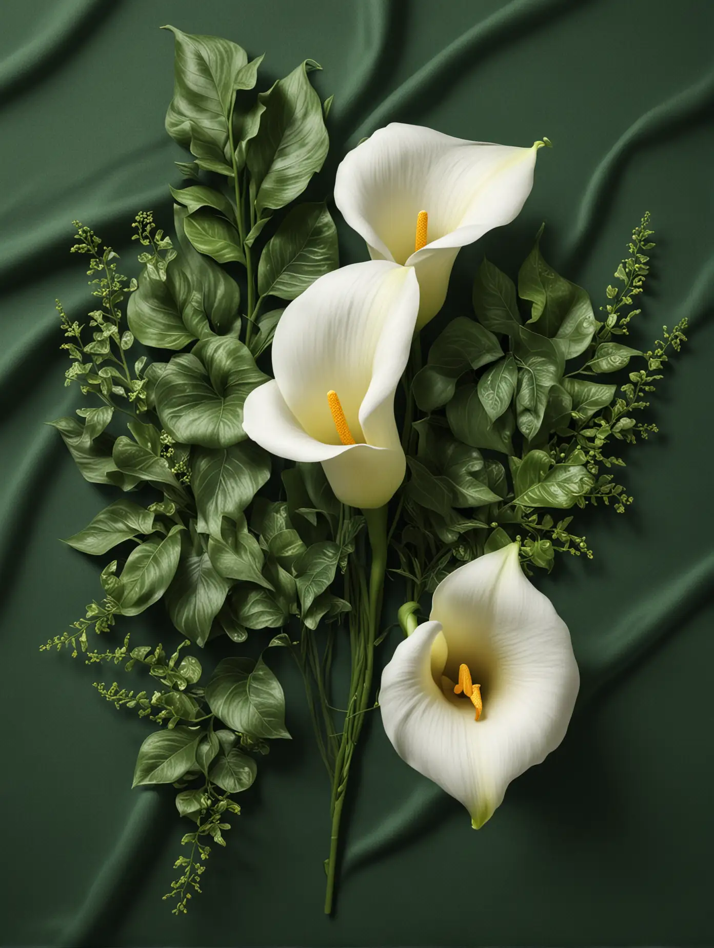 Hyperrealistic calla and swirling ivy lying on green fabric