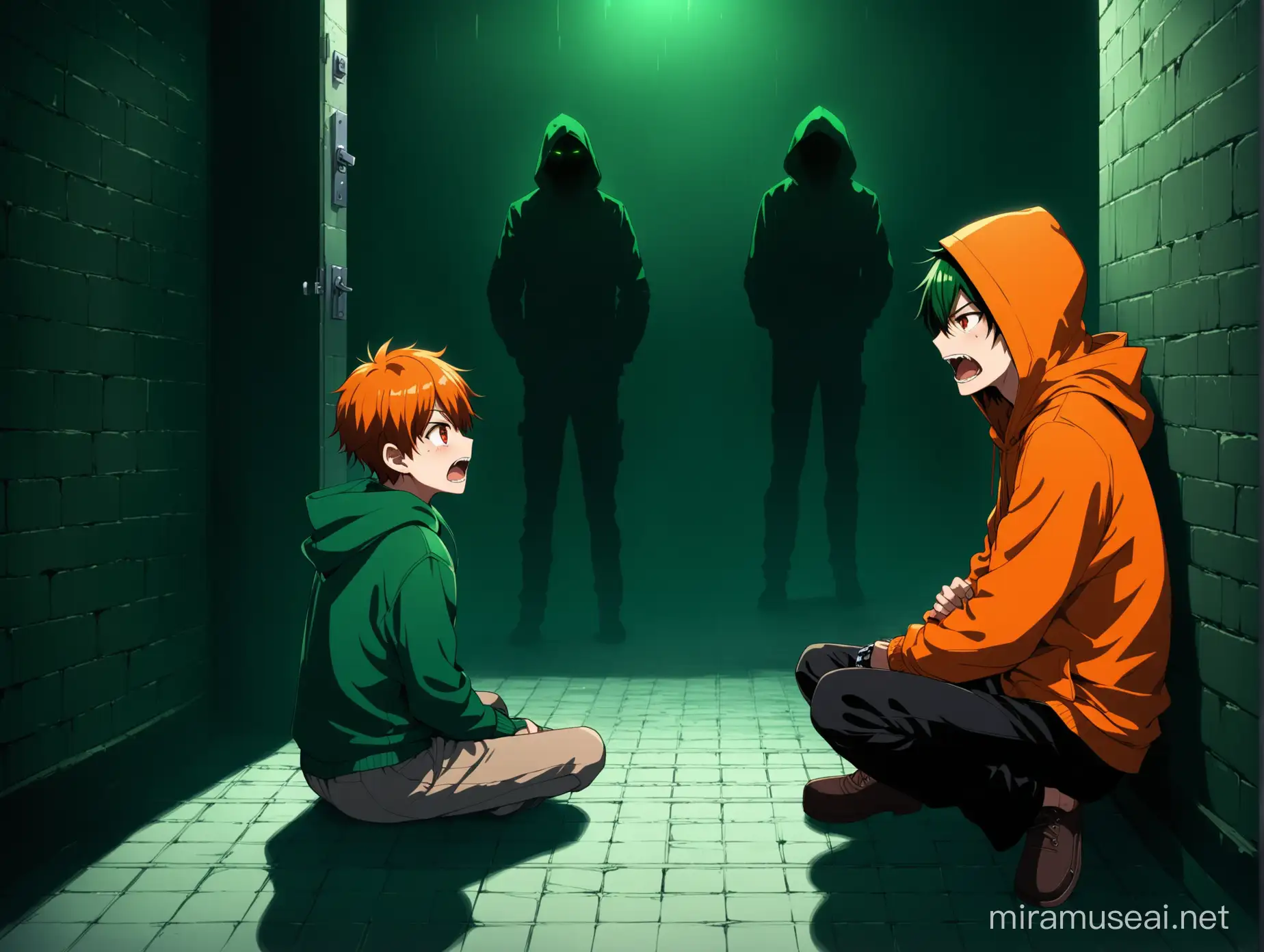 Back View image of two anime characters having conversation with each other in an underground secret room with dark green contrasts and vibe. First anime boy character is sitting on the floor handcuffed, crying and screaming. He is handsome, orange headed, orange eyes, wearing green hoodie, shocked, scared, crying. Another character is evil male criminal anime character with evil intentions who is talking while standing beside the first boy character who is handcuffed. The criminal character is evil criminal, dark green headed, red eyes, dreadful smile, wearing dark green hoodie. The backview image is of a boy handcuffed sitting on a floor of underground secret room with dark green contrasts and vibe listening the evil intentions of the criminal character. The criminal is facing the boy character so the face of him is not visible and back is visible. The criminal is standing beside the boy