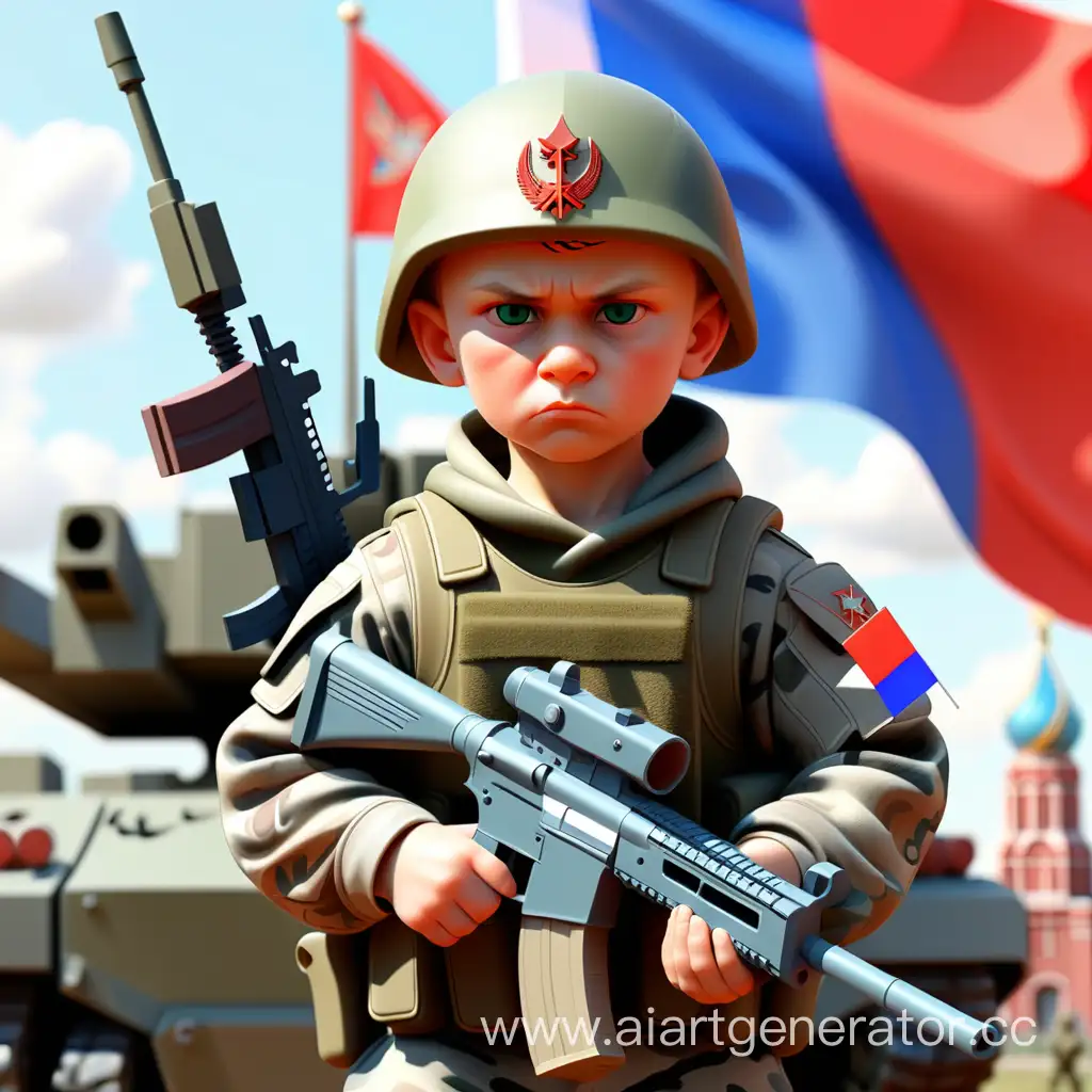 Воин, в камуфляже, с современным оружием на фоне флага России, защитник детей и стариков, на военной технике в окружении солдат
