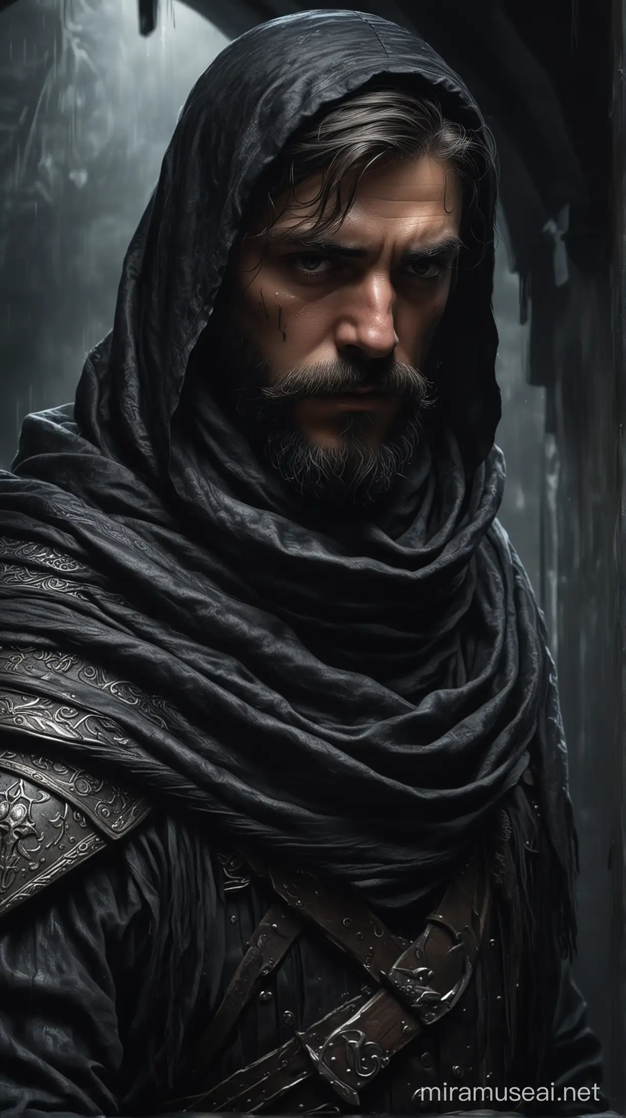 Brooding Medieval Warrior in Dark Glass House Digital Painting with Ultra Fine Details