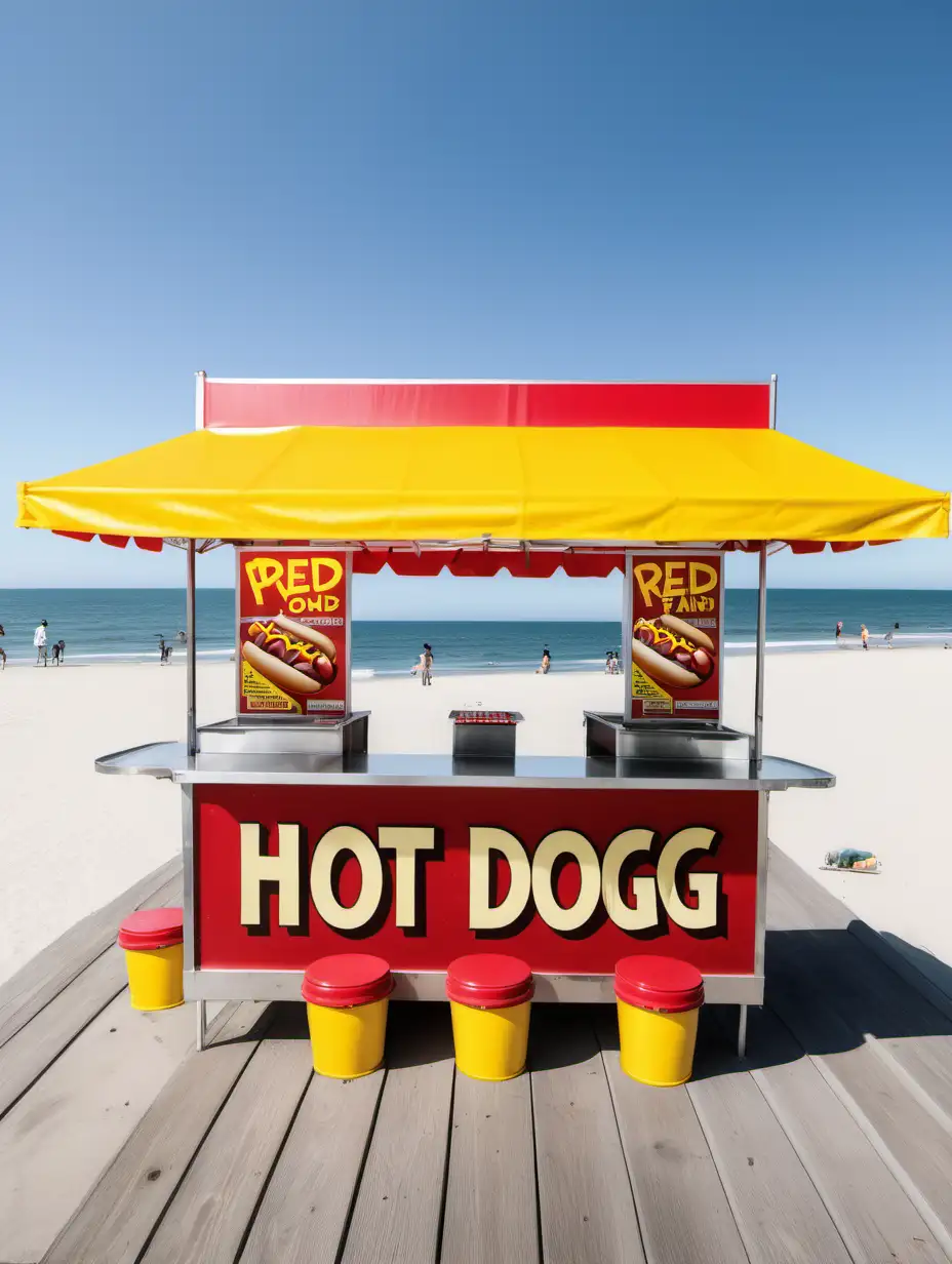 red and yellow Pop-up hot dog stand on a boardwalk at a beach with seating
