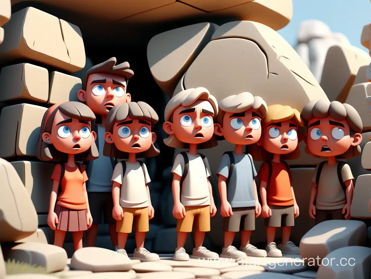 cartoon style, 8k, they found themselves surrounded by people made of stone.