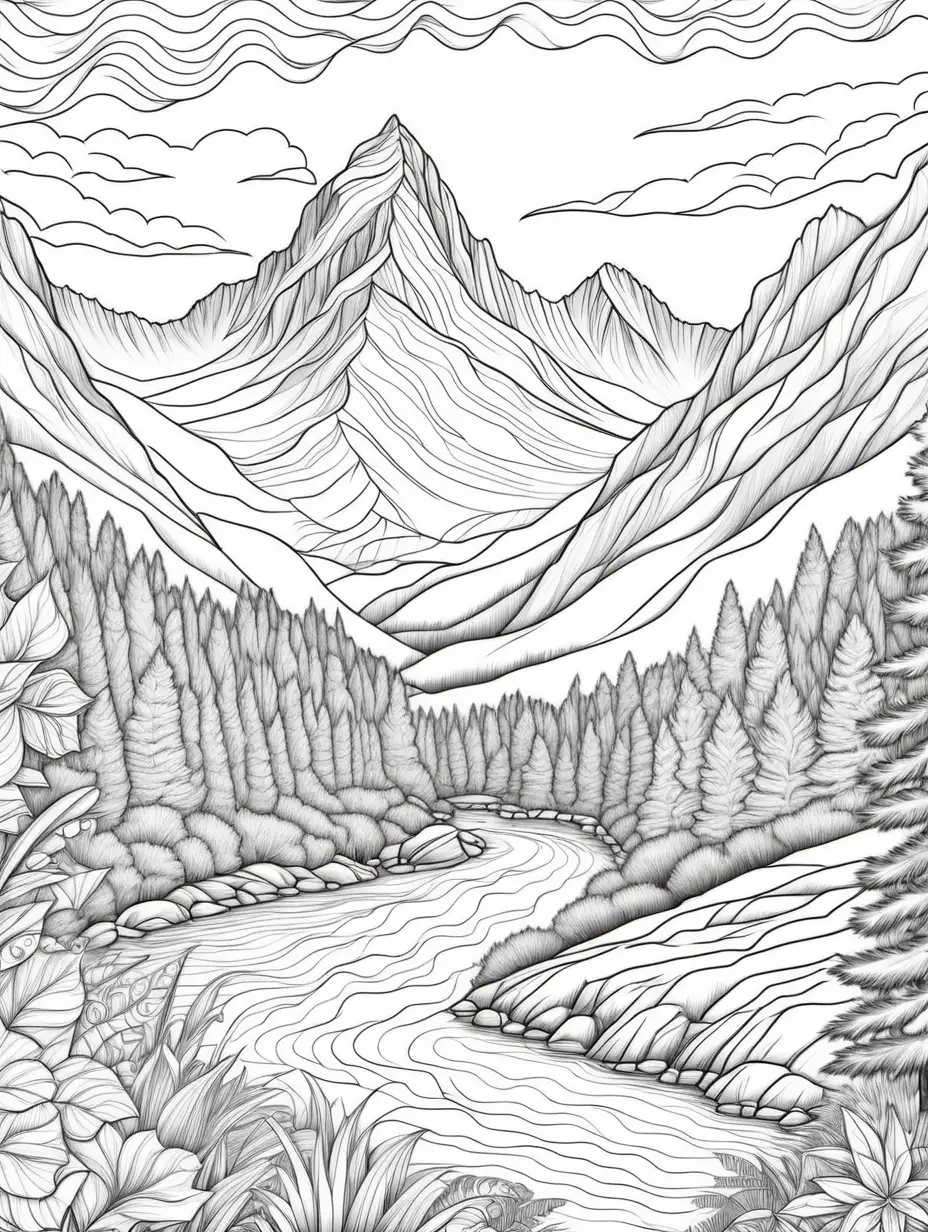 Zeichne für ein Malbuch für Erwachsene eine inspirierende Berglandschaft, die das Erreichen von Zielen darstellt.