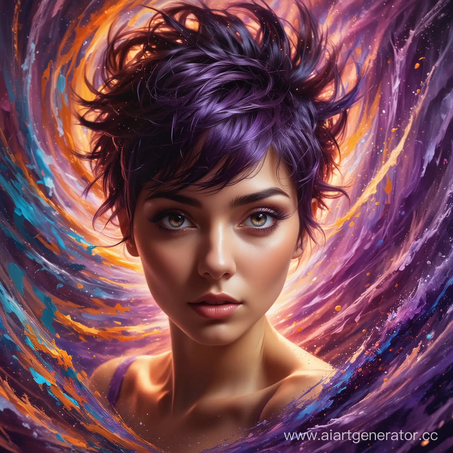  Symphony of Colors
Prompt:

A whirlwind of vibrant colors explodes across the canvas, forming a swirling vortex.
The woman with violet eyes emerges from the center, her form composed entirely of shimmering light.
Her dark pixie hair dances with the colors, creating a mesmerizing spectacle.
Focus on the dynamic movement and the harmonious blend of colors.
