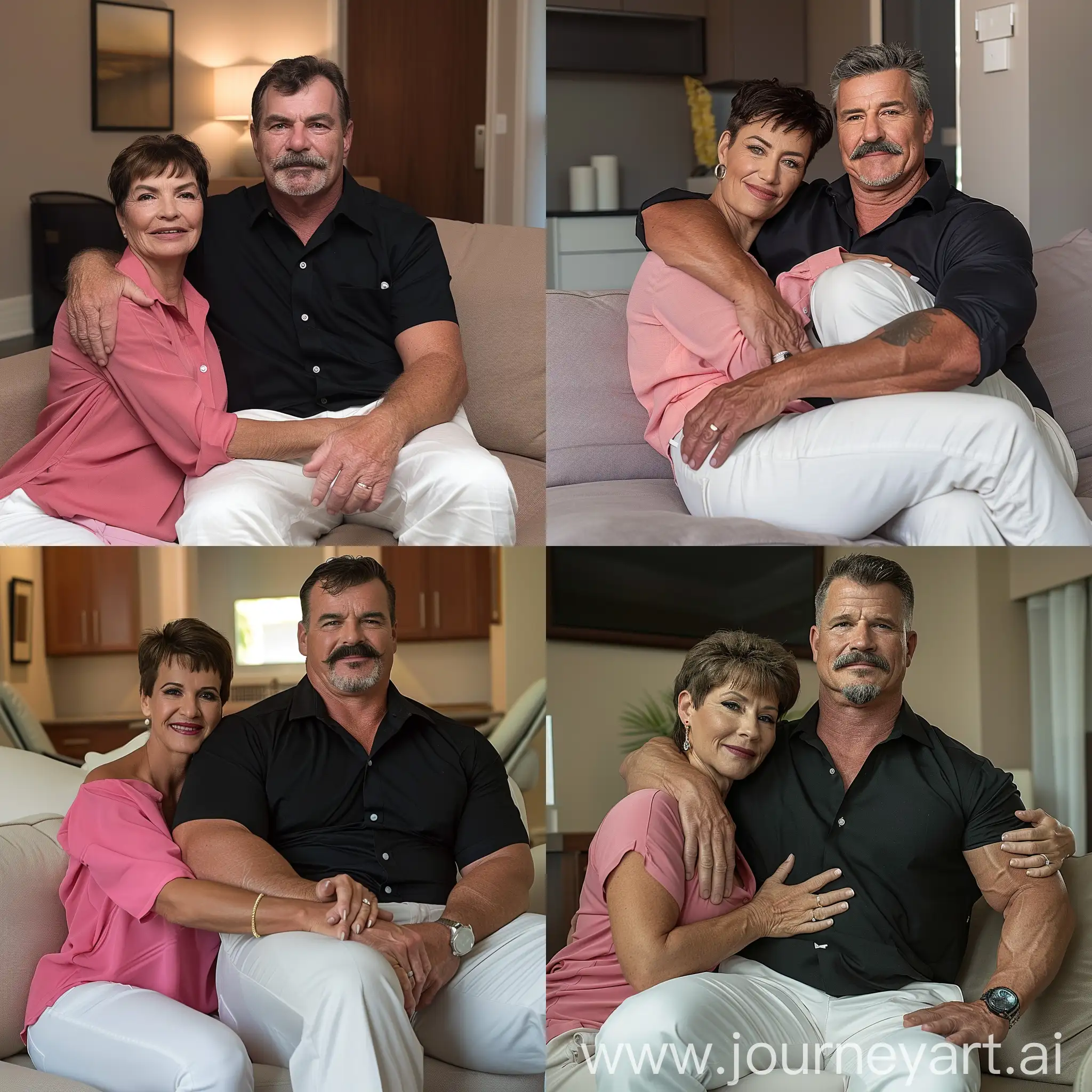 Burly mature good looking daddy man sitting on the couch with his wife on his side, with a mustashe, goatee mustache, muscular handsome man wearing a black dress shirt and white pants, white khaki pants, with his wife sitting on his side hugging his muscular arm, wife with short hair wearing a pink shirt, therapist room background