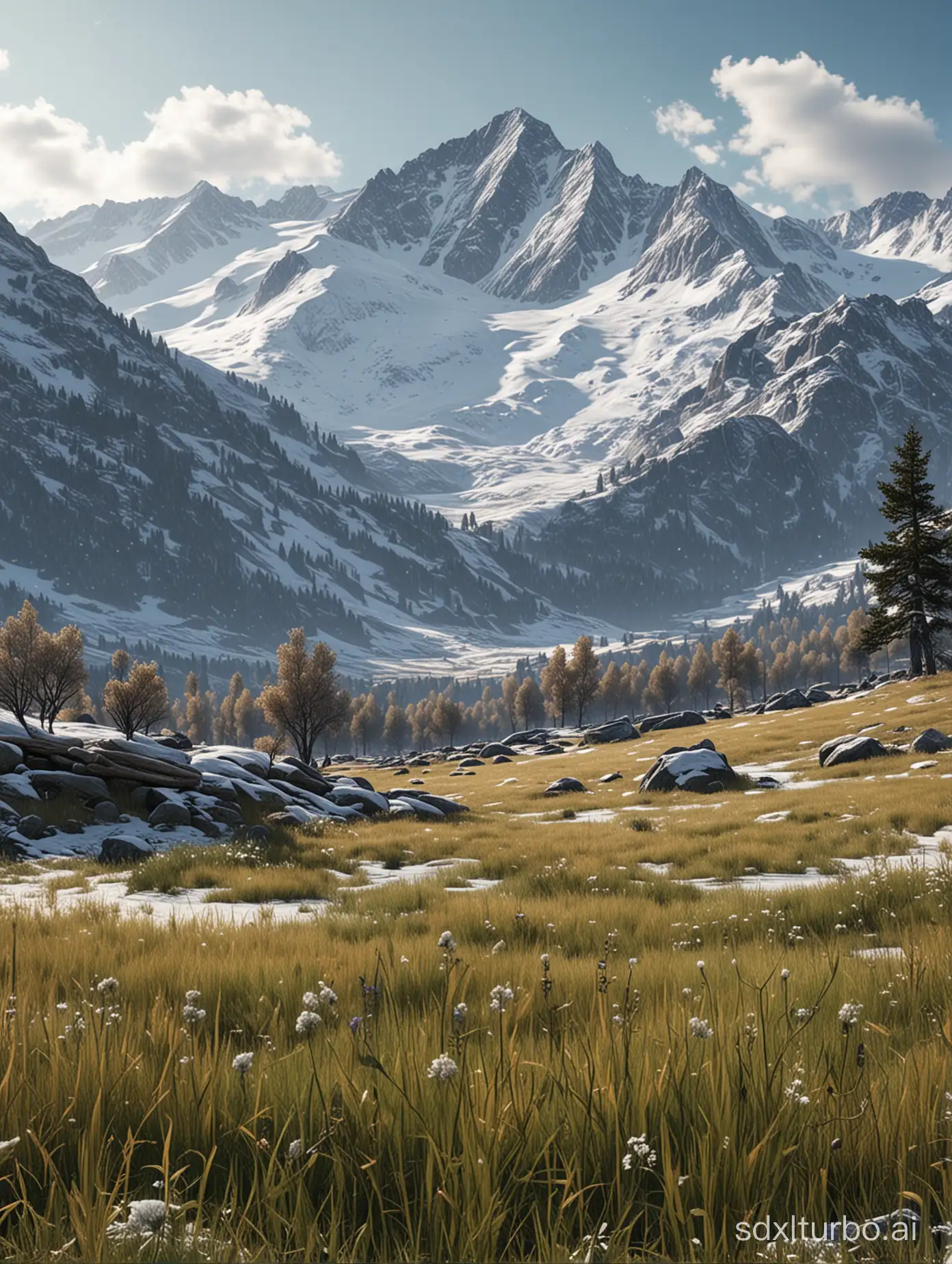 In the meadow in front of the snowy mountains，super realistic