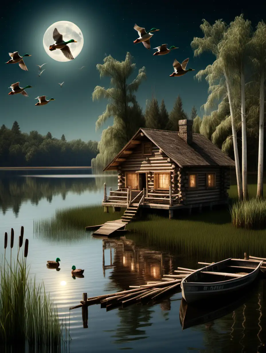 Serene Night at the Vintage Lakeside Cabin with Ducks in Flight