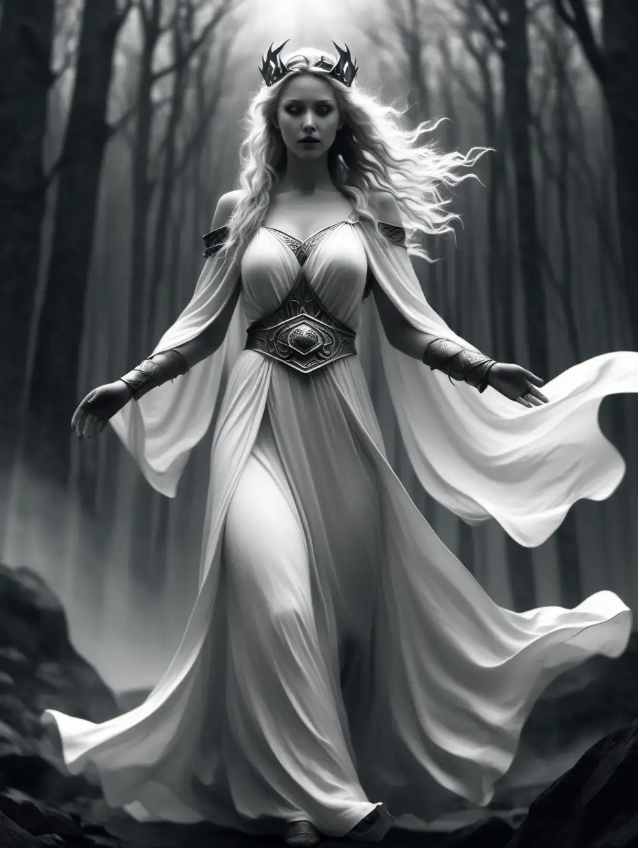 Show me a modest Freyja in a white, flowing gown in Valhalla in grayscale