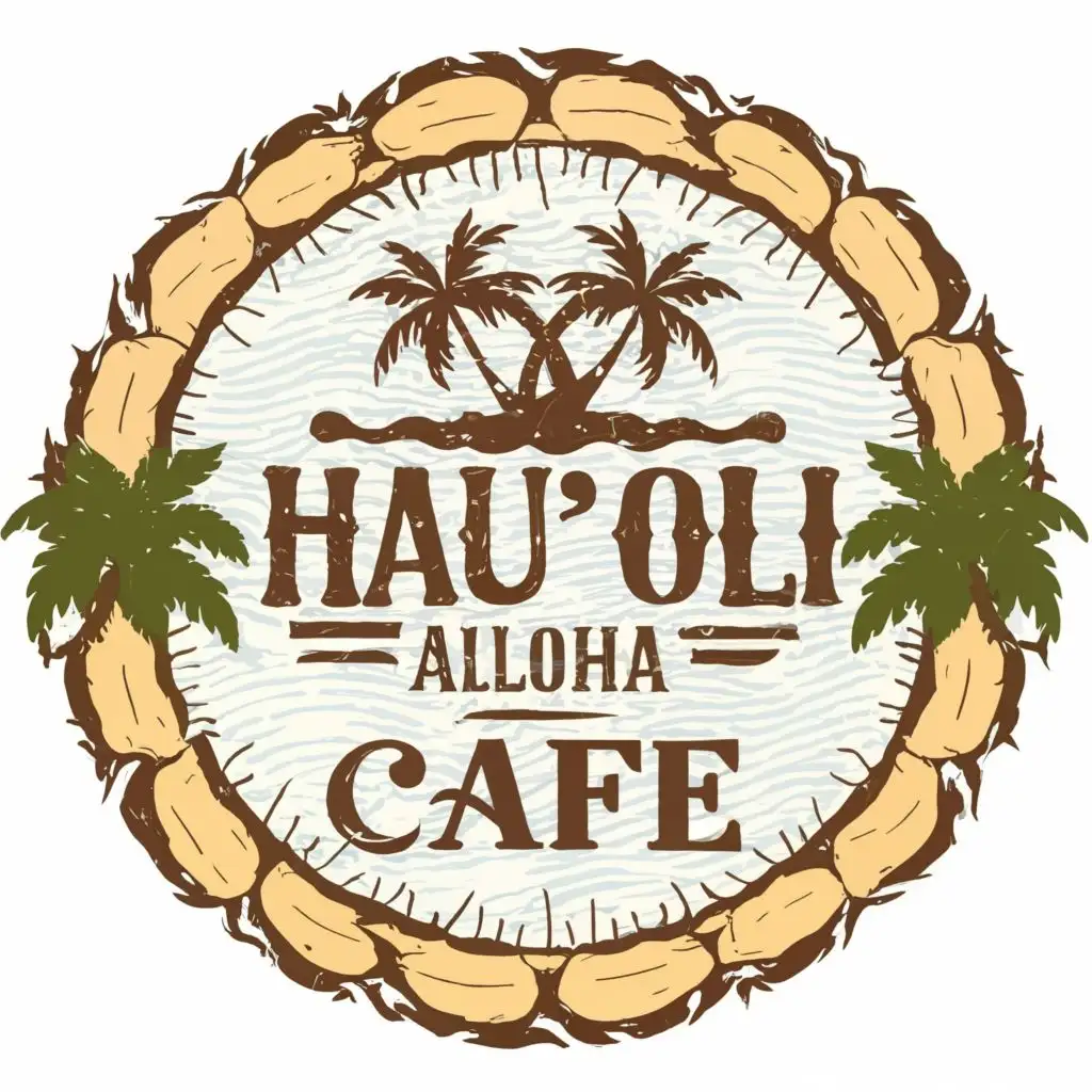 logo, circle with coconut tree, with the text "Hau'oli Aloha Cafe", typography, be used in Restaurant industry