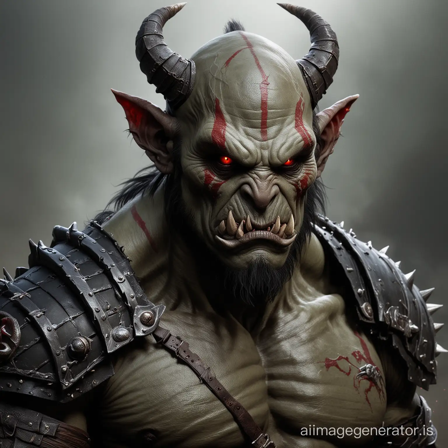 Baldless orc like creature with red eyes and horns. He has big muscles and wears a black samurai like armor