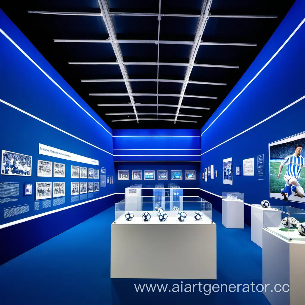 Интерьер музея футбола в синих и белых оттенках, с выставочными экспонатами и интерактивными играми