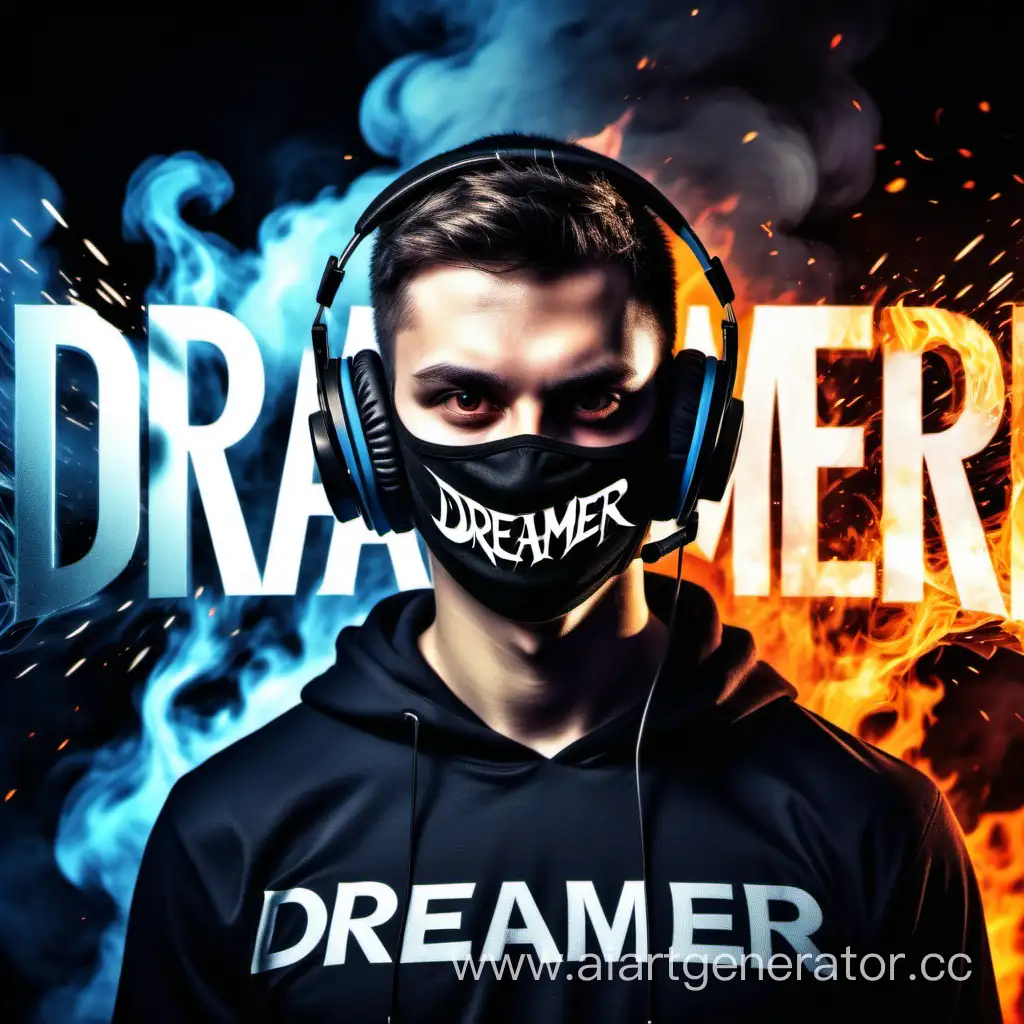 Cyber-Athlete-in-Mask-with-Headphones-on-Dark-Background-with-Burning-Dreamer-Words