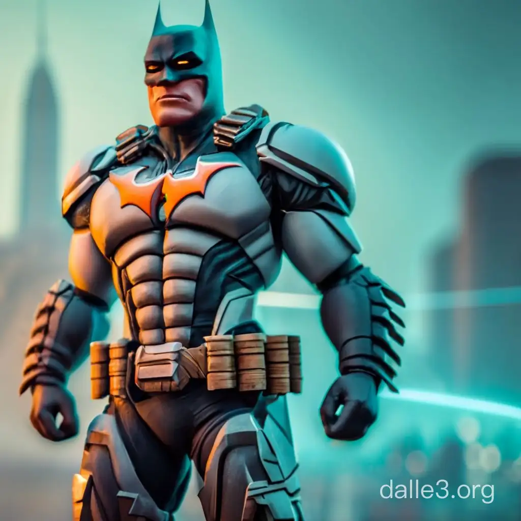 Image of a figure in the distance to show them fully. A hulking broad-shouldered muscular large supervillain wearing form-fitting Batman costume. 3d model 8k photorealistic