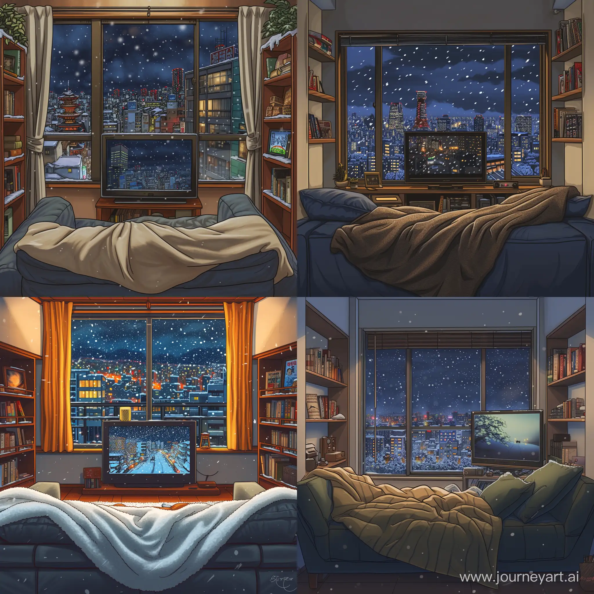 draw a room with a blanket on comfortable sofa in front of tv and shelf on the sides of tv, window in that room, out of window night japan city with some lights and snow