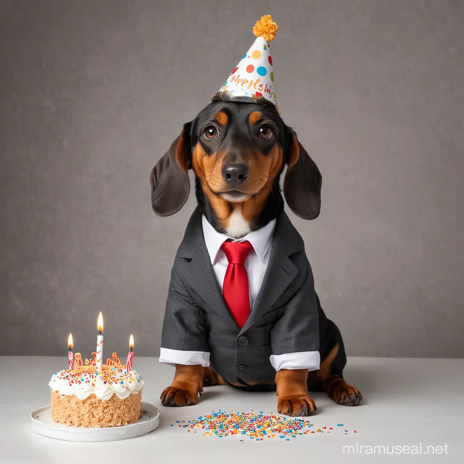 Make a daschund with a suit. Add birthday hat a cake. Celebrate birthday. Dog is happy.