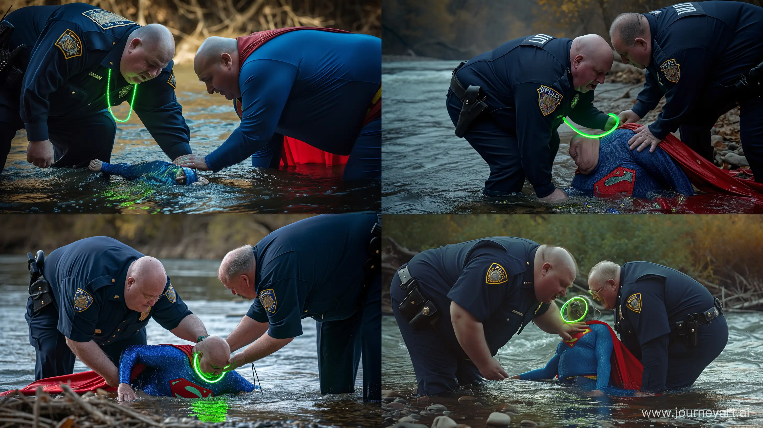 Close-up photo of two fat man aged 60 wearing navy police uniforms. Bending and putting a tight green glowing neon dog collar on the nape of a fat man aged 60 wearing a tight blue 1978 superman costume with a red cape crawling in the water. Natural Light. River. --style raw --ar 16:9