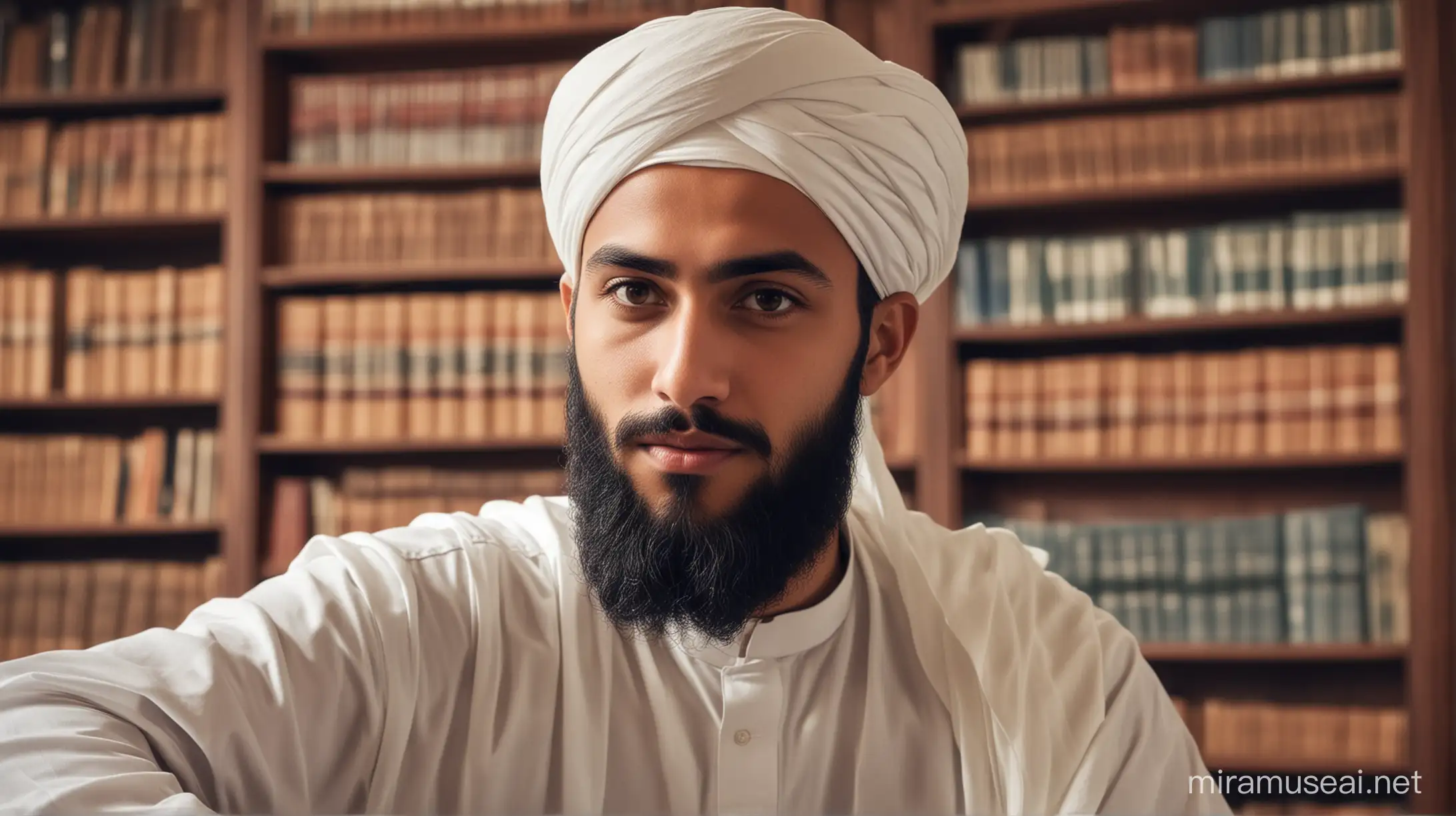 a handsome young Muslim scholar in his late twenties with a divided beard wearing a white turban looking dirctly as if giving a lecture and behind him a library 