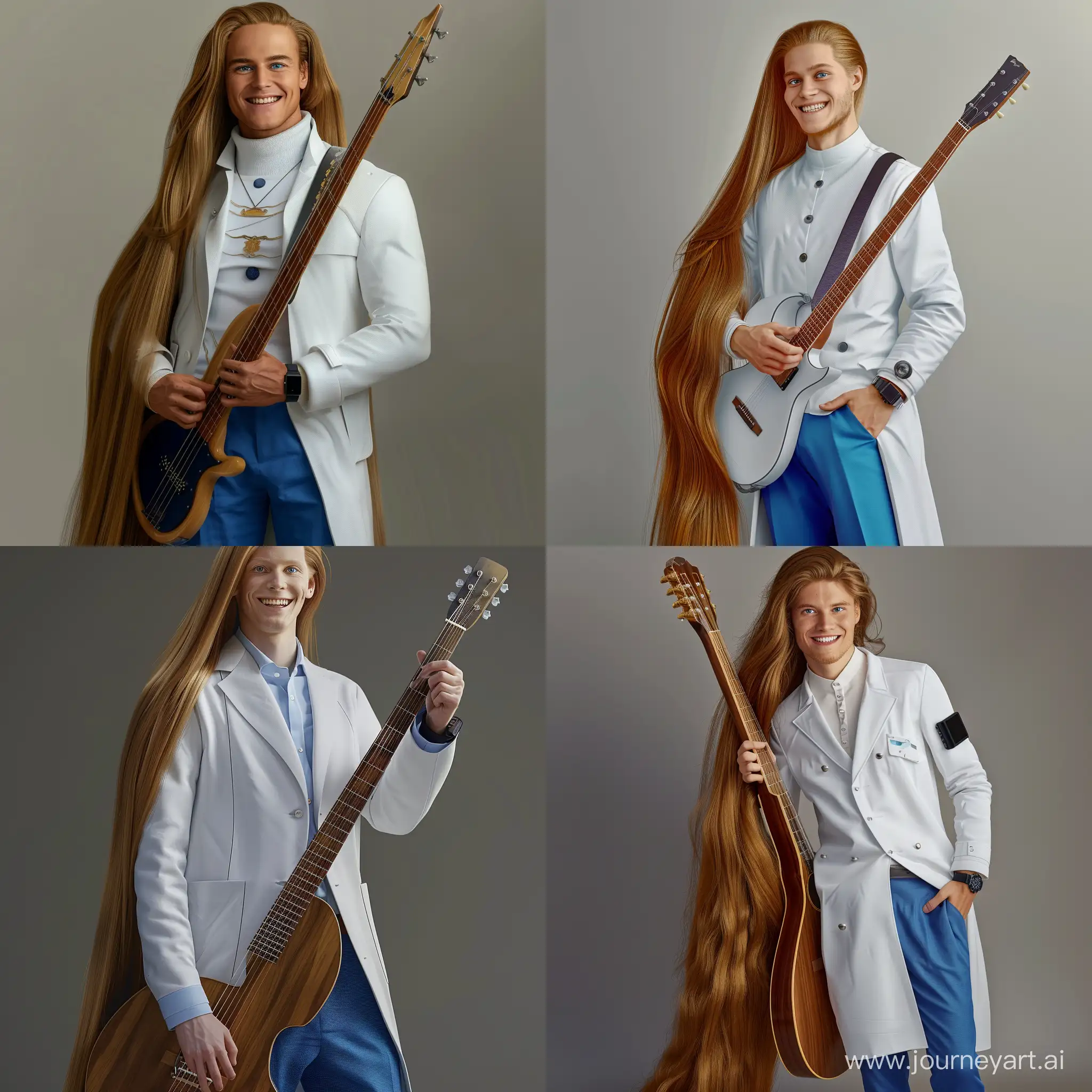 An European young man with blue eyes, smile,very long golden hair, long golden hair growing to the ground, wearing a white coat, hands in the pockets of blue trousers, a black electronic watch on the right wrist, holdig a guitar,Photorealistic, Full body shot, photorealistic, 8K, HDR, 3D rendering, real life, clean background trending, --quality 3 