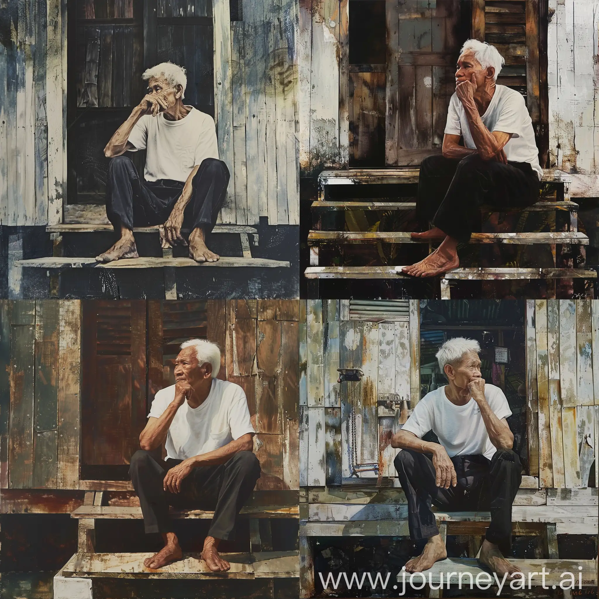 an Old Malay man sitting on the steps of a wooden house. White hair. wearing a white t-shirt and black slacks. one hand lifting the chin. collage technique