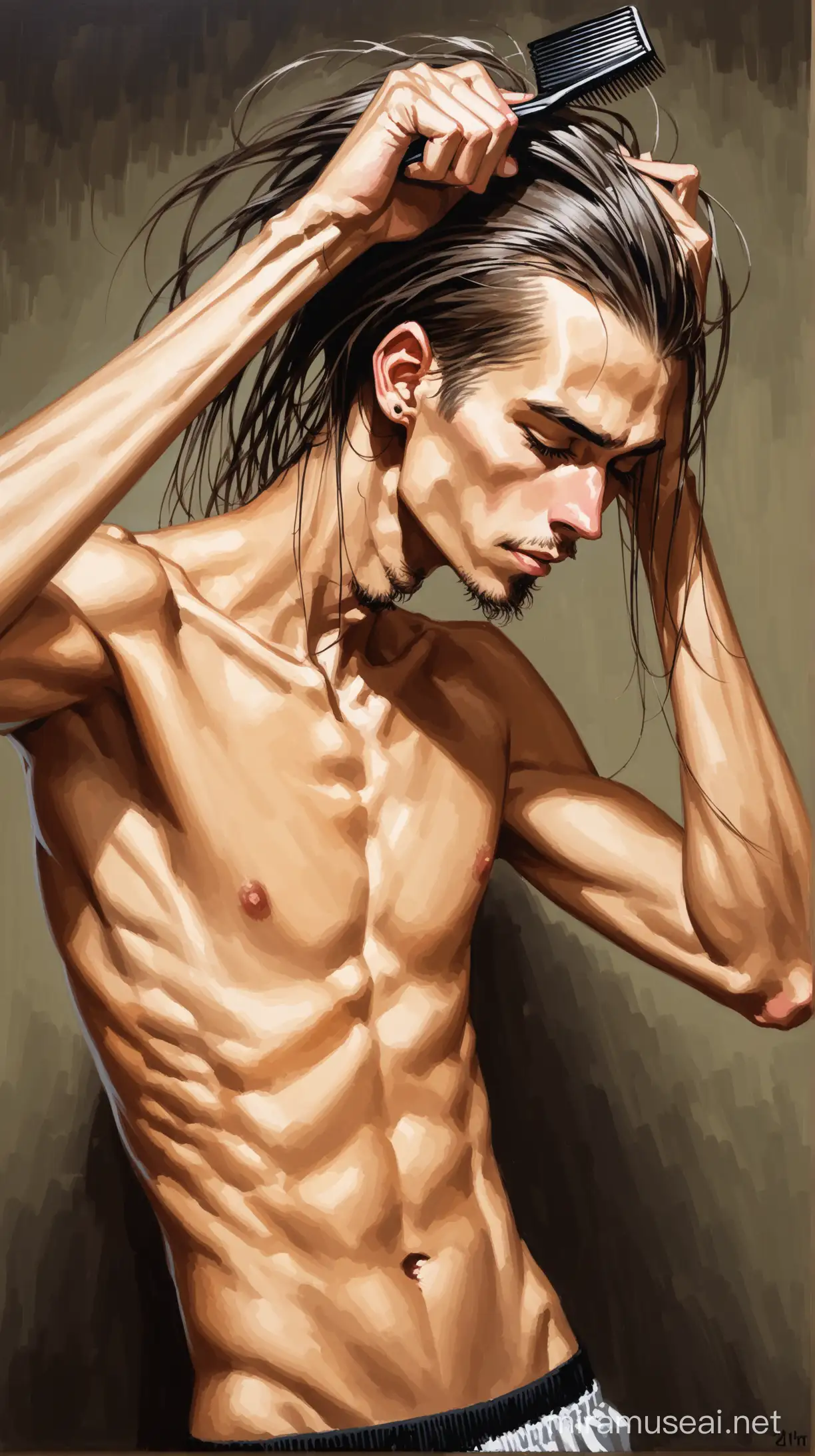 Vibrant Portrait of a Eccentric Skinny Man Grooming His Hair