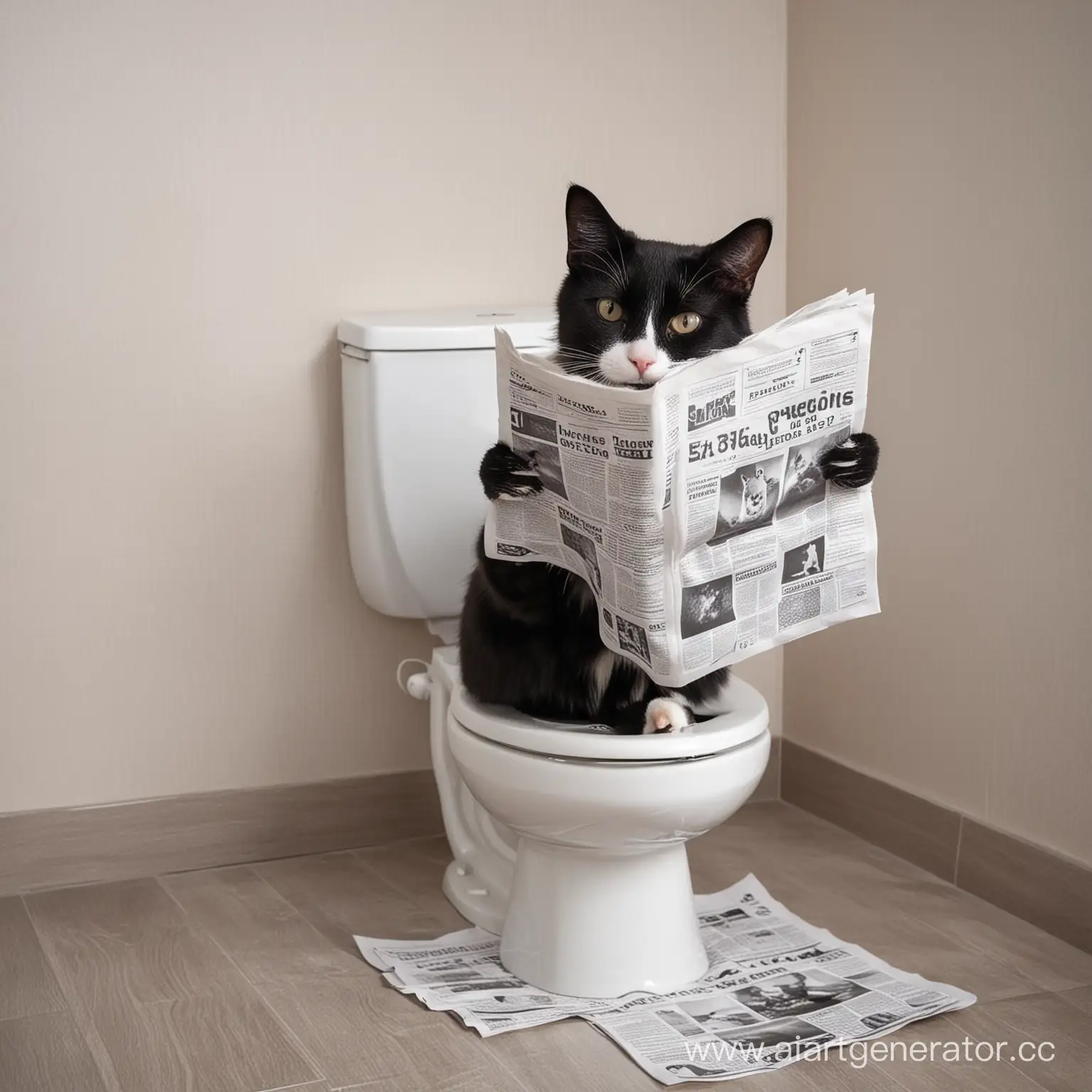 Черно белая кошка сидит на унитазе и читает газету