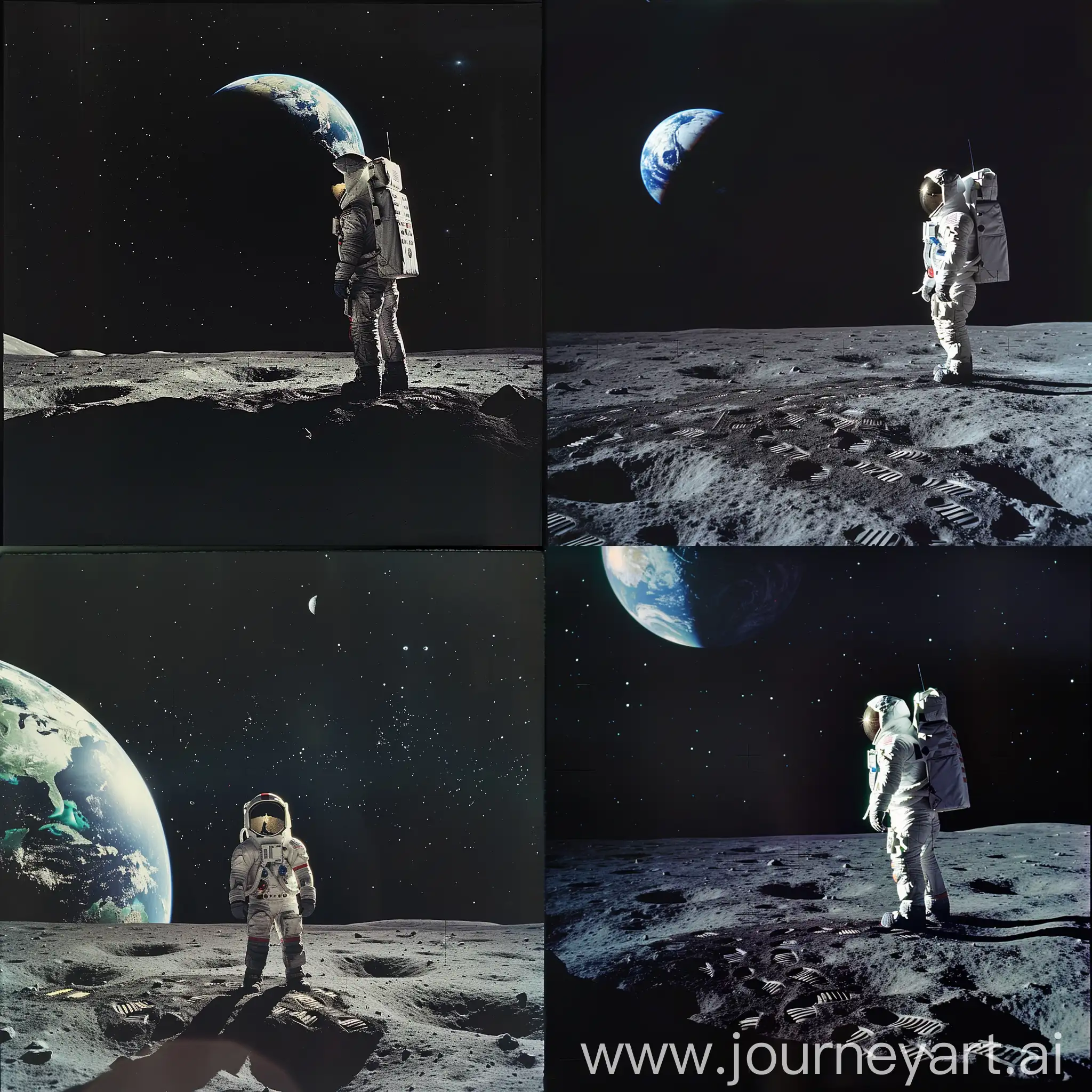 un astronaute debout sur la lune entrain de regarder la terre