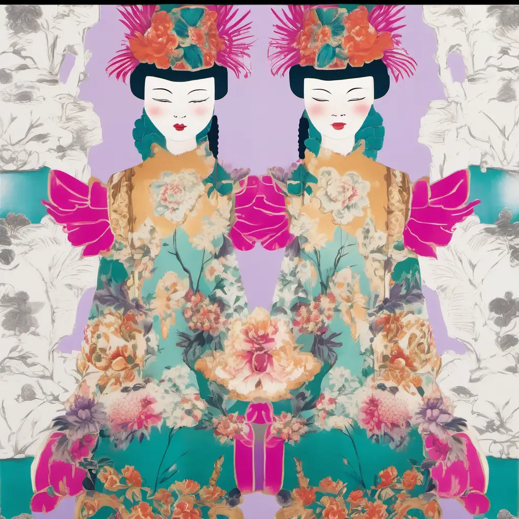 Elegant Woman Adorned in Pagoda Headdress Amidst Purple Chinoiserie Wallpaper