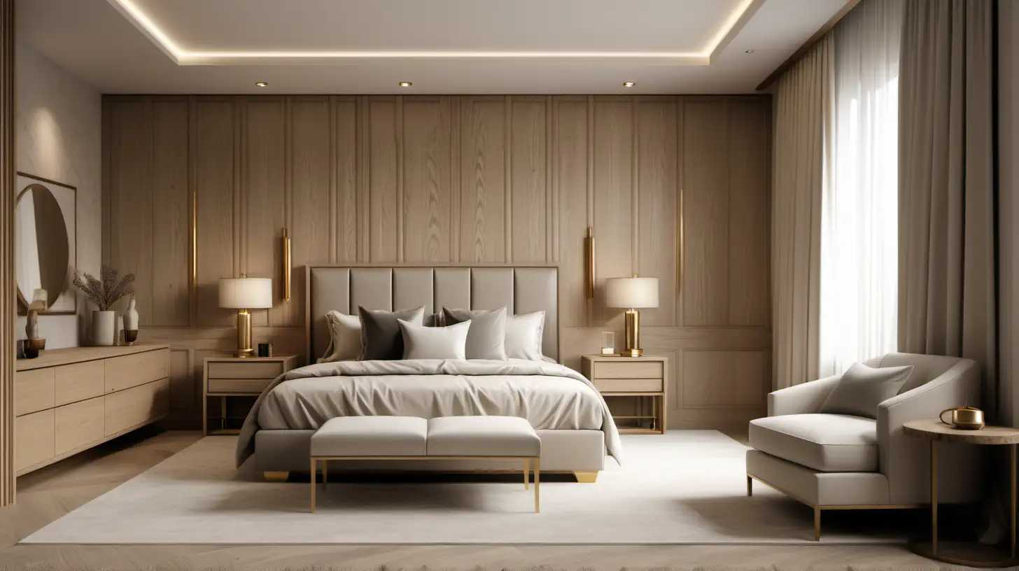a hyperrealistic image of a classic contemporary large minimalist home hotel-style bedroom; beige; blonde oak;  brass; 