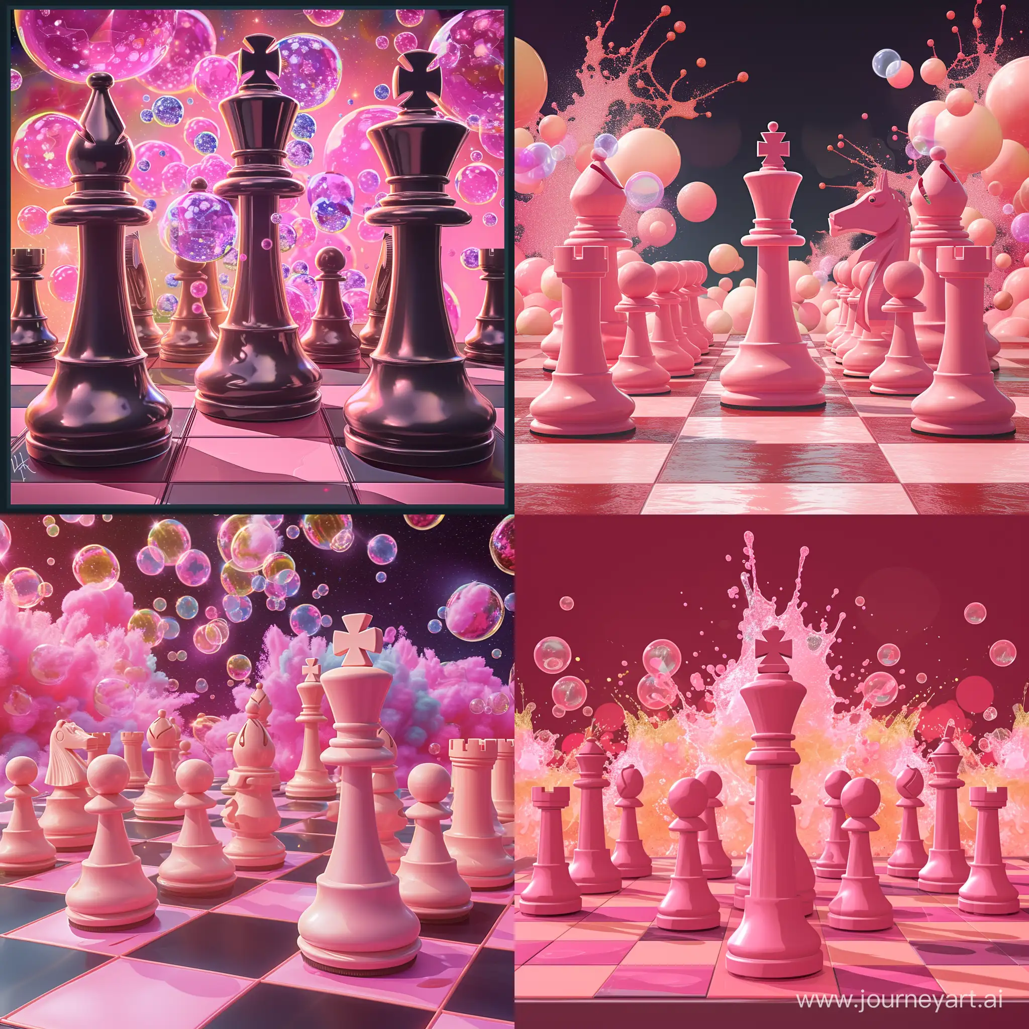 Design an 8x8 chessboard for an Elixir Games-themed auto chess arena. Embrace the Elixir universe with a vibrant pink color scheme and an enchanting background featuring exploding bubbles. Infuse the essence of Elixir Games into the chessboard's aesthetic, creating a visually captivating environment that reflects the magical and dynamic nature of the game. Ensure the design incorporates the 8x8 grid seamlessly, and let the pink hues and bursting bubbles transport players into the mystical realm of Elixir Games.