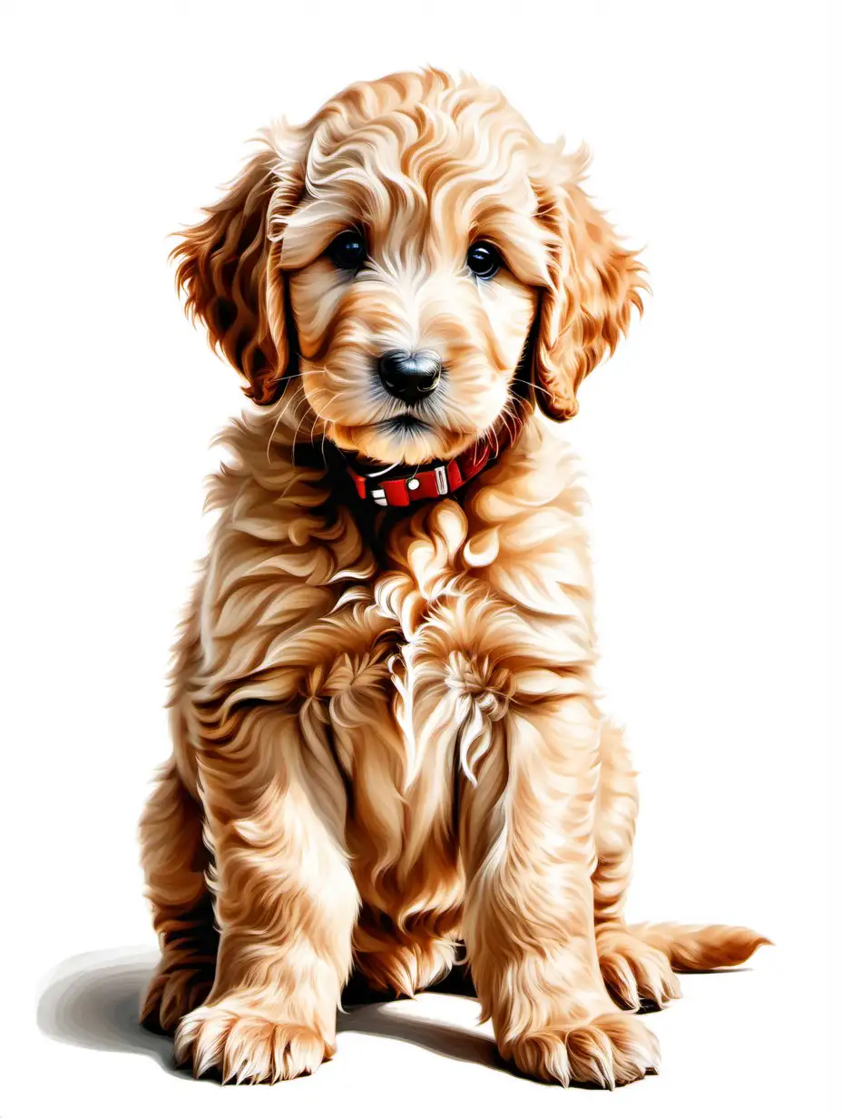 Adorable Golden Doodle Puppy Painting Full Body Portrait on White Background