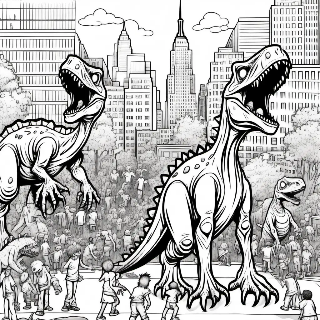 two zombie dinosaurs in NYC park a crowd of people, dark lines, no shading, coloring pages for children
